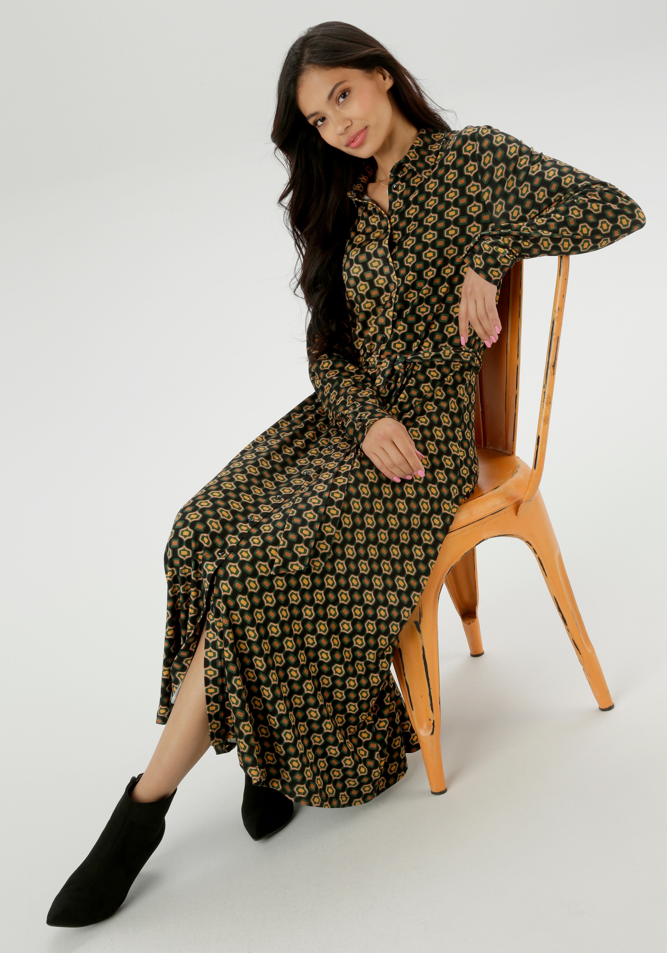 Aniston SELECTED Jerseykleid mit Retromuster und abnehmbarem Bindeband - NEUE KOLLEKTION