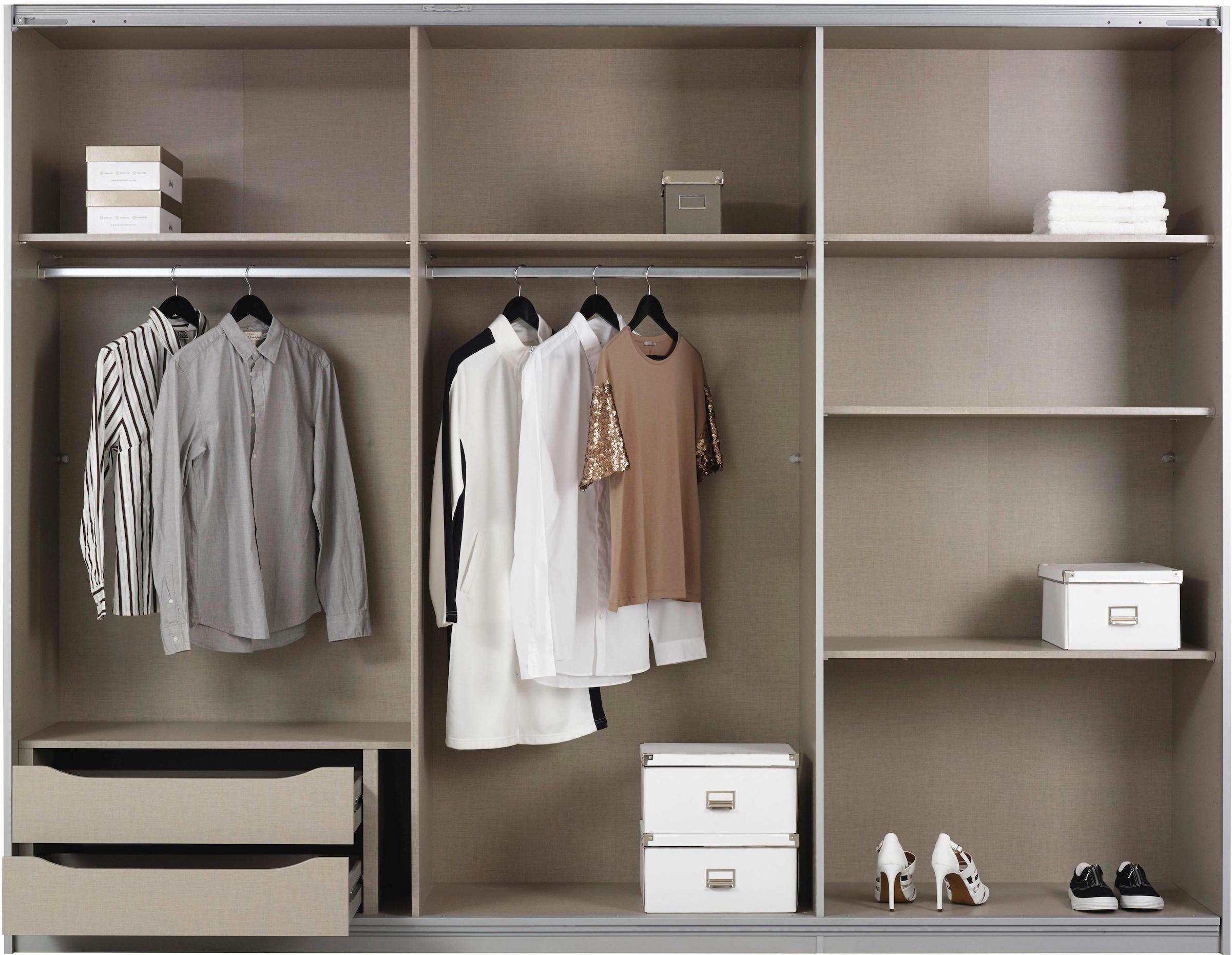 rauch Schwebetürenschrank »Kleiderschrank Schrank Garderobe Wäscheschrank Ankleide KULMBACH« Breiten 271/360 cm Höhen 210/230 cm,  inkl. Schubkasteneinsatz und extra Einlegeböden MADE IN GERMANY