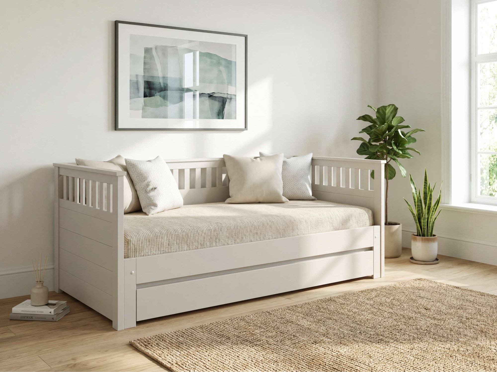 GOODproduct Lit de jour »Morrick, ausziehbar, 2 Schlafplätze + Schublade, Cashmere Beige« en pin massif et MDF, comprenant coffre de lit et sommiers à lattes,
