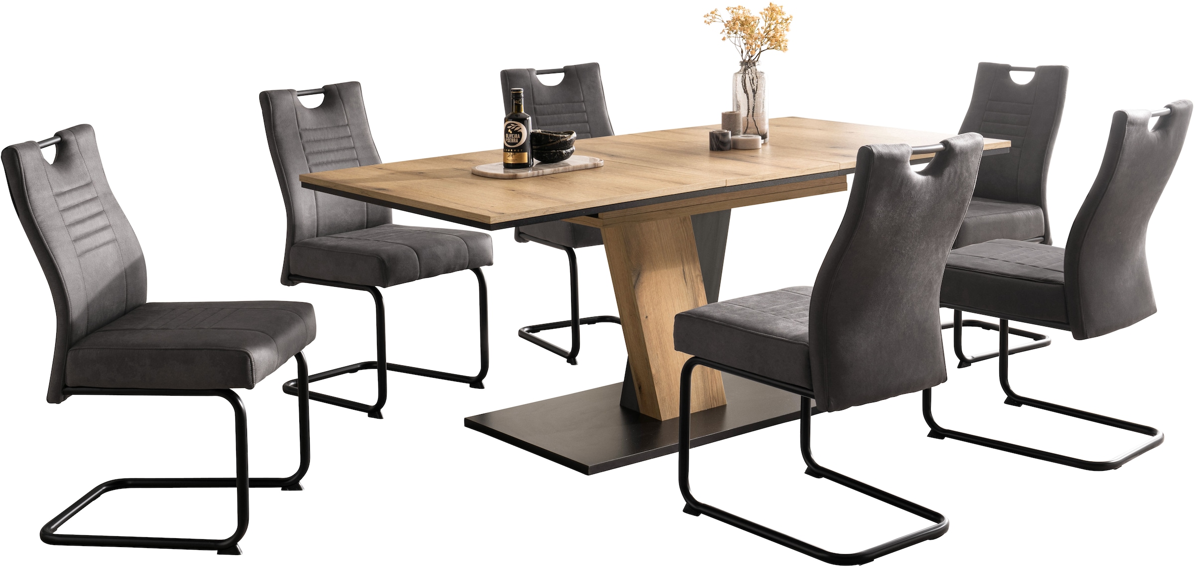 GOODproduct »"Altona", Esstisch ausziehbar plus 6 Stühle, TOPSELLER!« Esstisch ausziehbar 140 - 180 cm, 6 Freischwinger, 7 tlg. tlg. Säulentisch 140-180x90 cm, Stuhl mit Federkorb, 140 kg belastbar