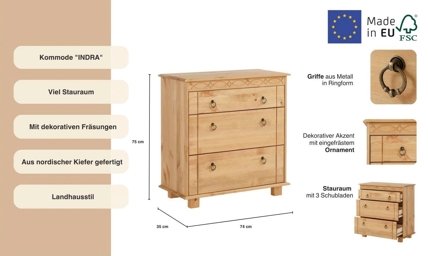 Home affaire Kommode »Indra« 74 cm breit