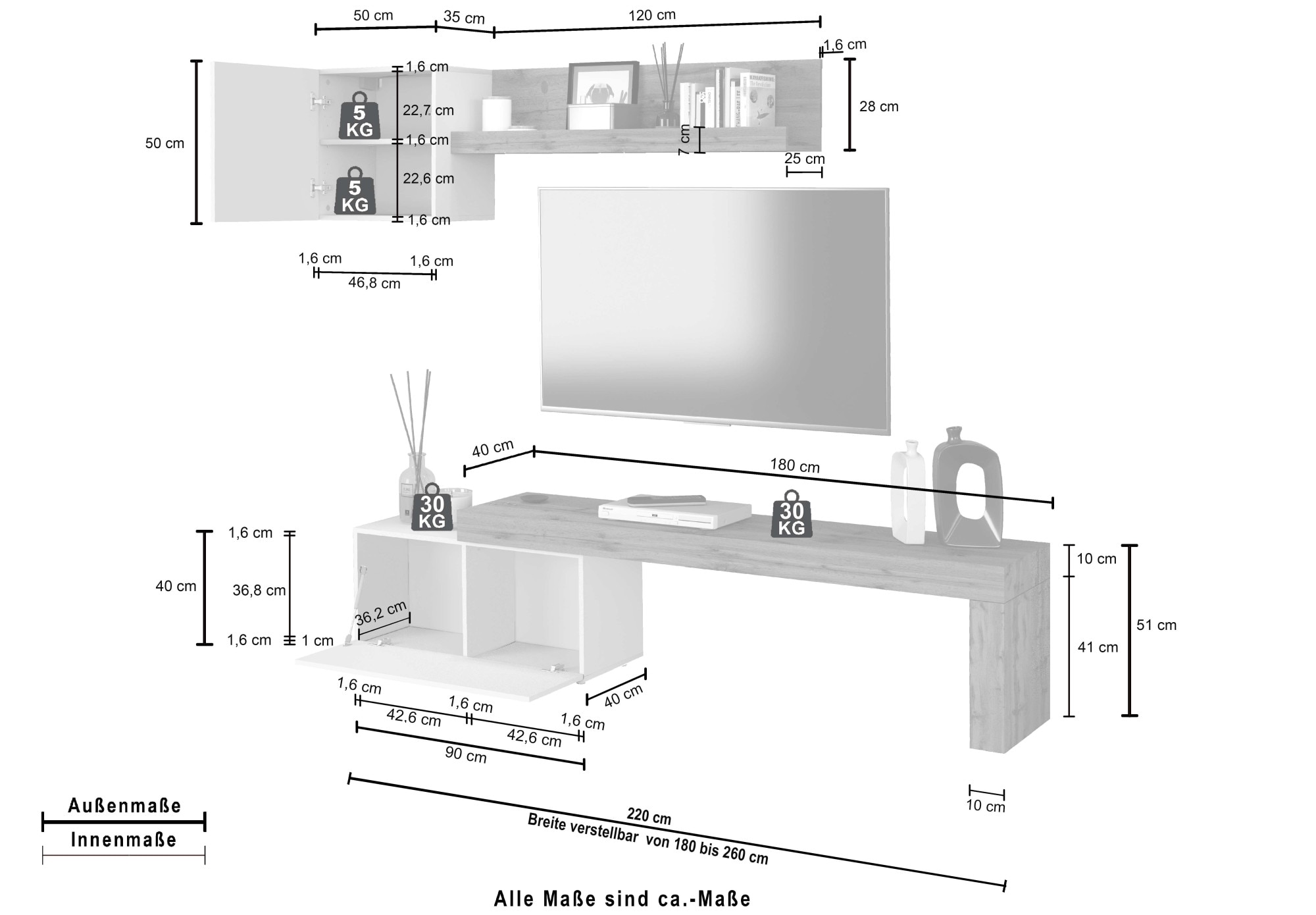 INOSIGN TV-Wand »Chronos TV-Set, Wohnwand – Elemente frei platzierbar, Made in Italy« Set, 3-er set, 3 Stk. tlg.