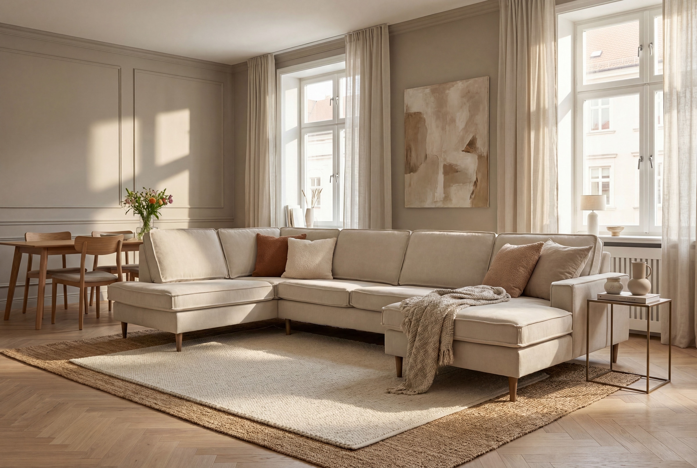 GOODproduct Wohnlandschaft »Pinto Skandi, 350 cm, U-Form, XXL, mit Ottomanen« mit Keder, Massivholzfüsse Eiche geräuchert, Wellenunterfederung