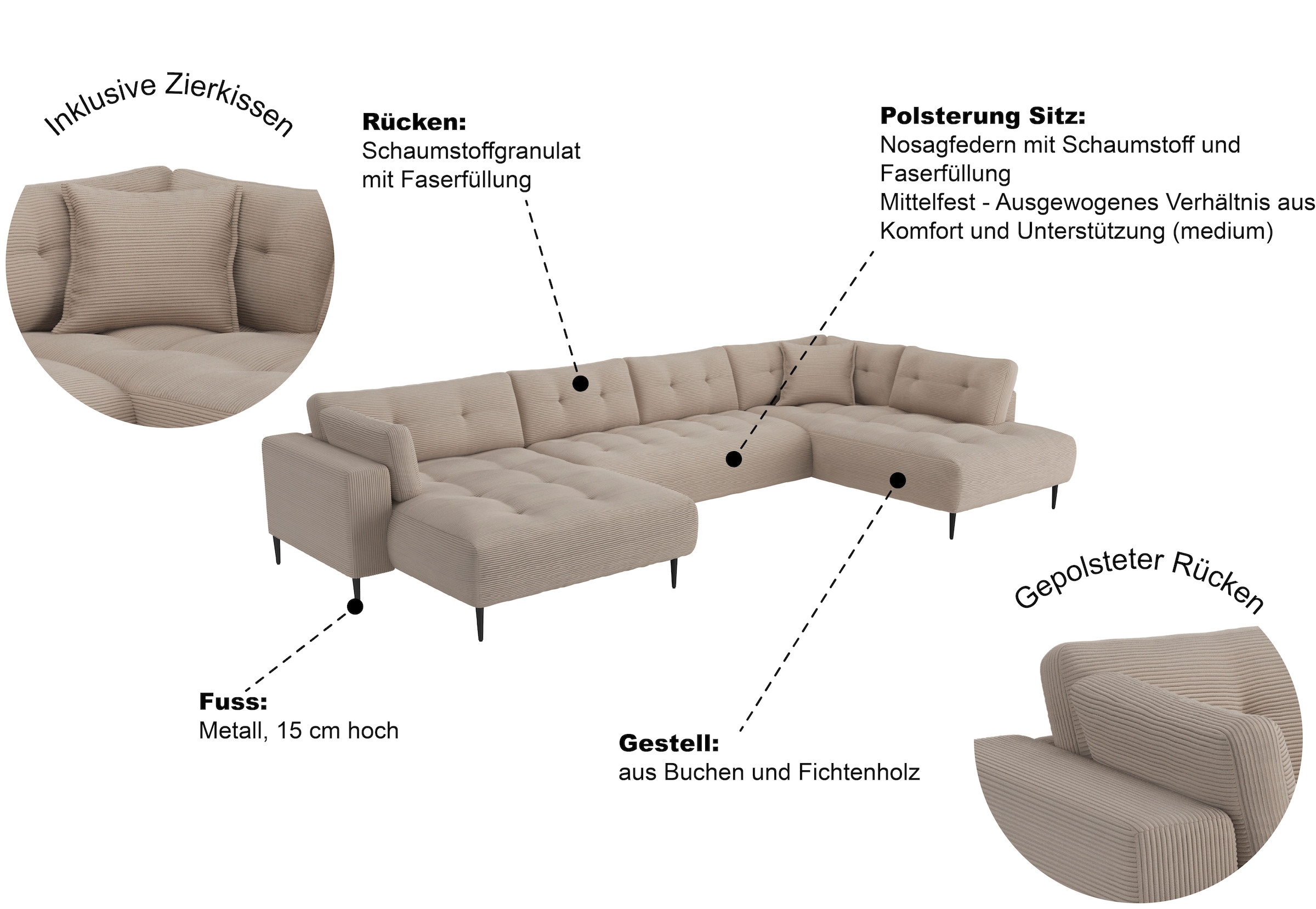 Trends by HG Paysage de salon »Leo U-Form, XXL-Sofa / Couch mit bequemer Polsterung & Zierkissen« Sofa mit mittelfesten Sitzkomfort, edle Steppung & Metallfüsse, Cord