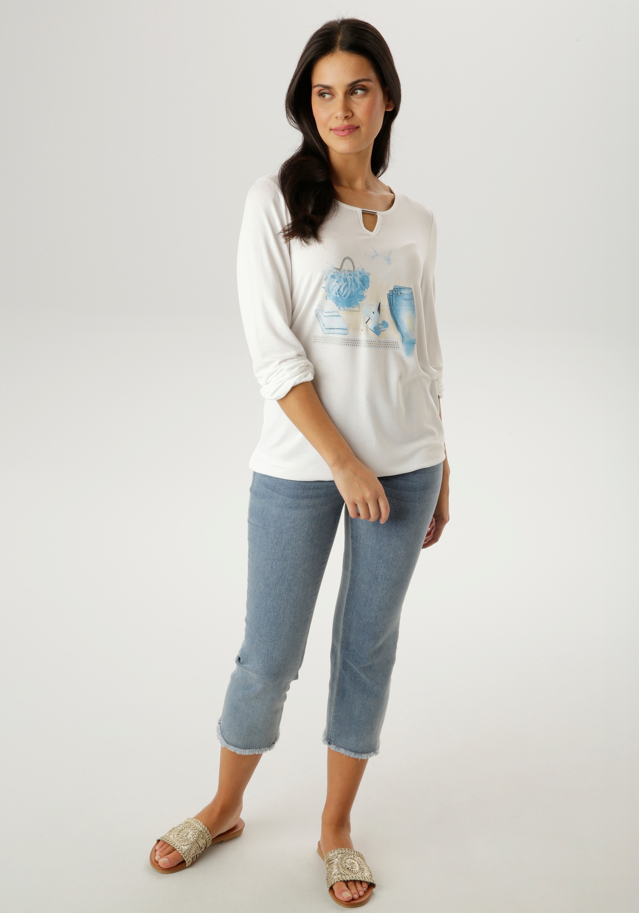 Aniston SELECTED Langarmshirt mit Cut-out und modischen Frontprint mit Glitzer - NEUE KOLLEKTION
