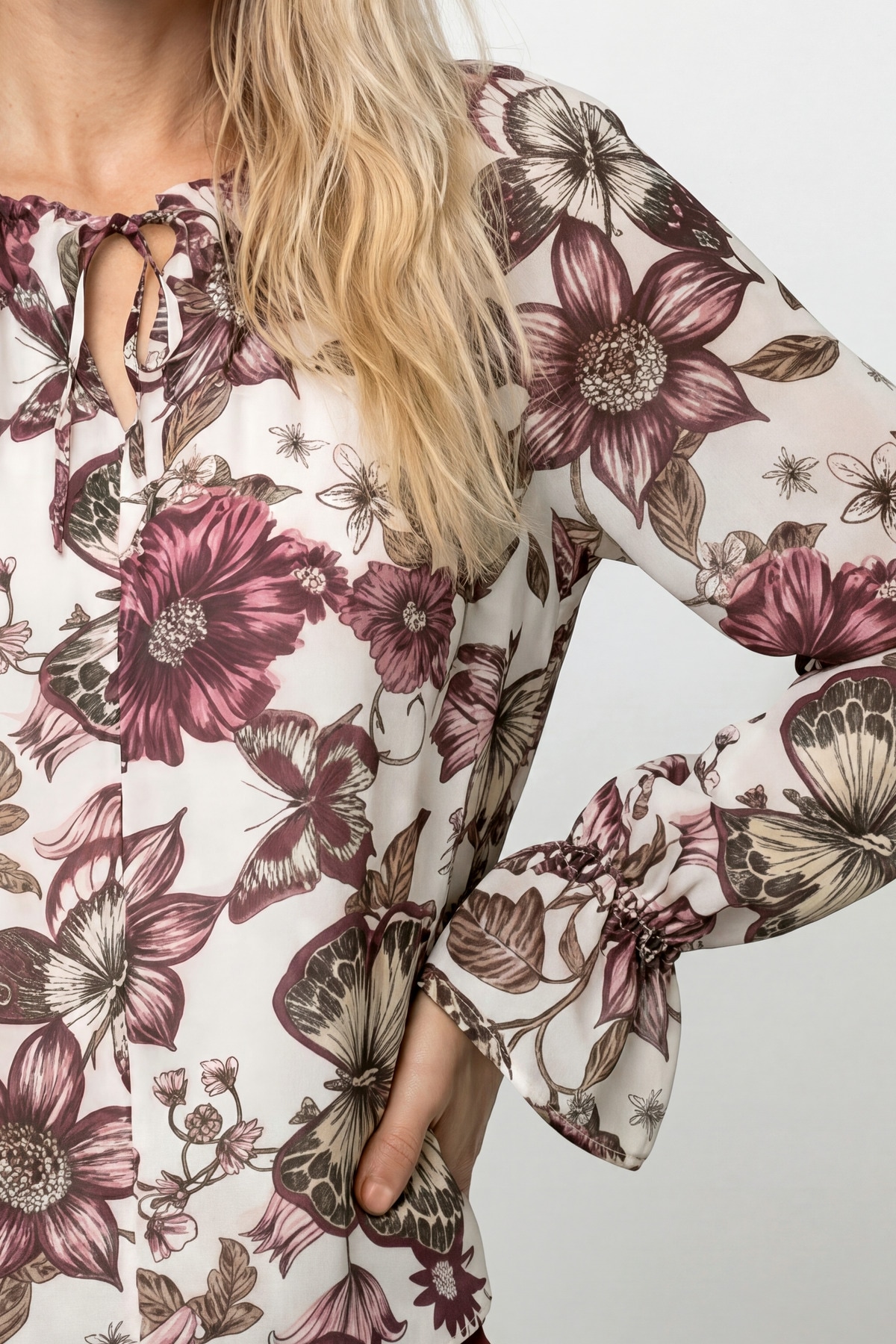 Monari Langarmbluse »Bluse Blume allover« Regular fit mit Raffungen