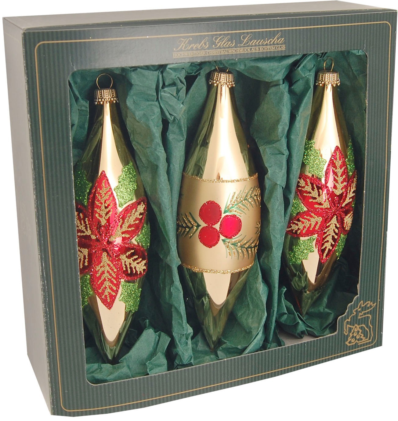 Krebs Glas Lauscha Christbaumschmuck »Weihnachtsstern & Beeren, in Olivenform« Weihnachtsdeko, Christbaumkugeln aus Glas, Weihnachtsbaumkugel