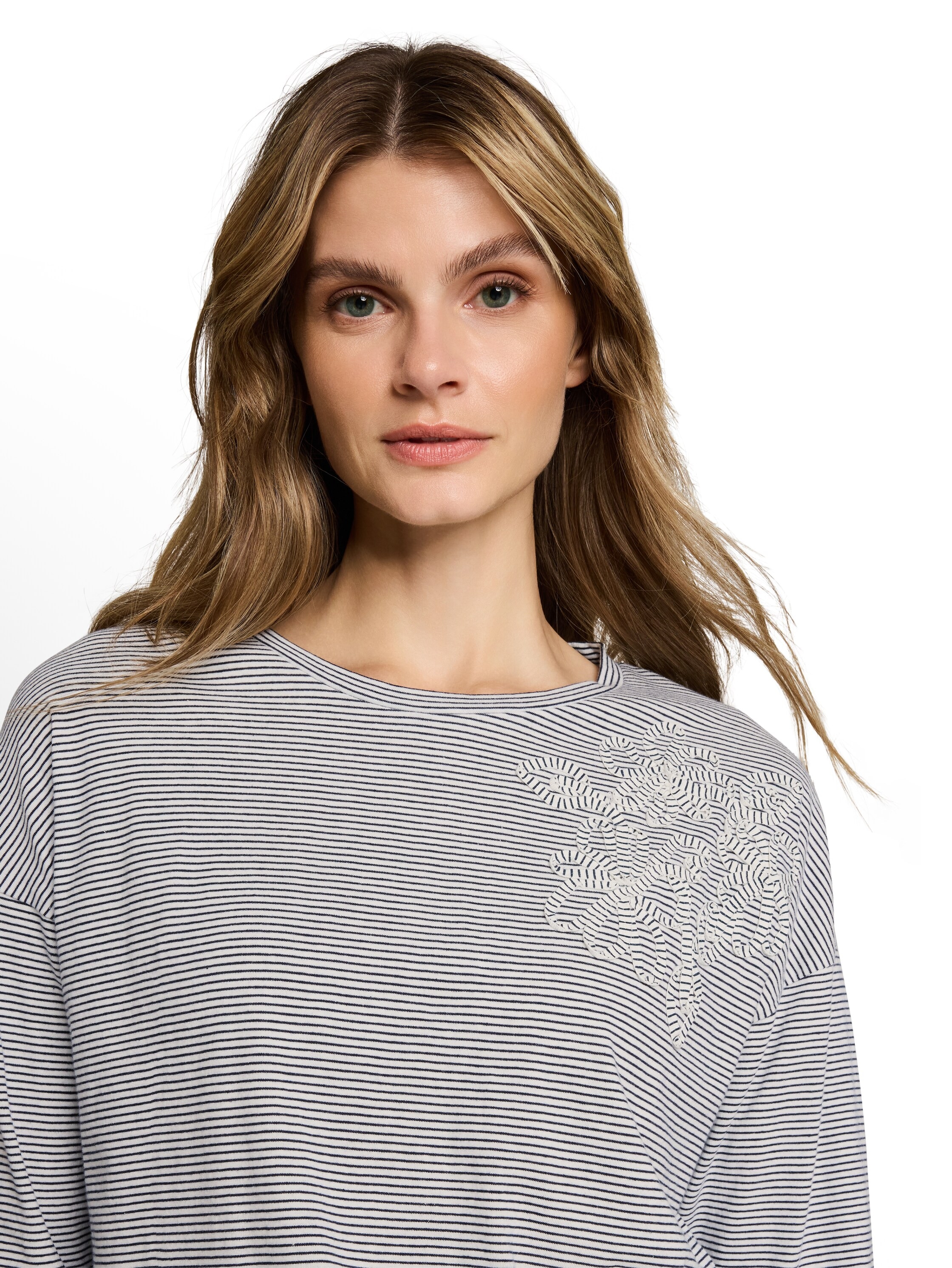 TOM TAILOR T-shirt à manches longues Broderie florale / motif rayé