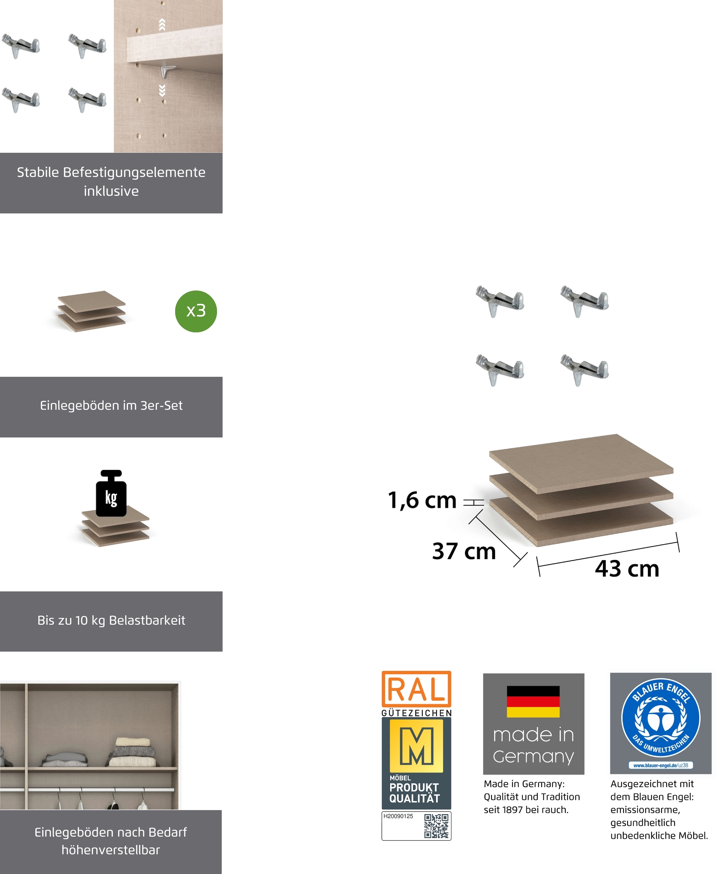 rauch Tablette de rangement »Zubehör für Schränke der Serie MINOSA Schranktiefe 41 cm« Set de 2, largeur 43 cm, profondeur 37 cm