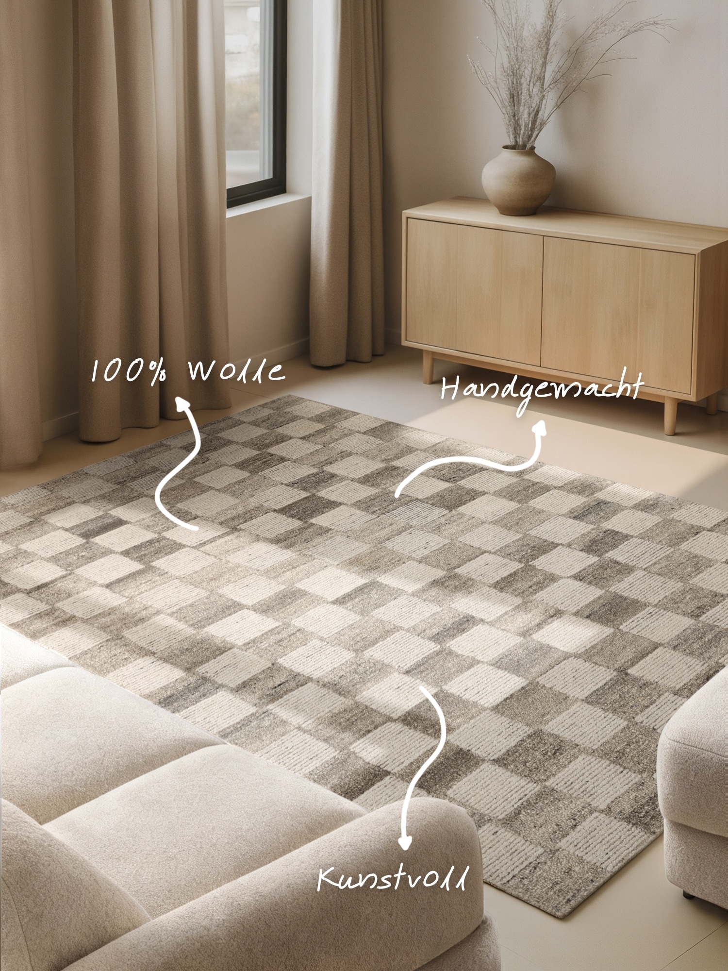 vikosa Tapis en laine »Quadra« Rectangulaire 15 mm Höhe Handgemacht, Kariert, Karo, Natur, Wolle, Wohnzimmer,Schlafzimmer