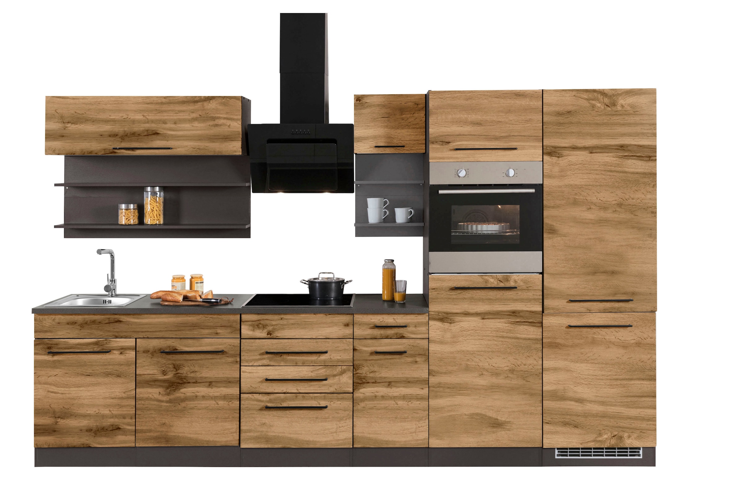 KOCHSTATION Küchenzeile »KS-Tulsa« ohne E-Geräte, Breite 330 cm, schwarze Metallgriffe, MDF Fronten