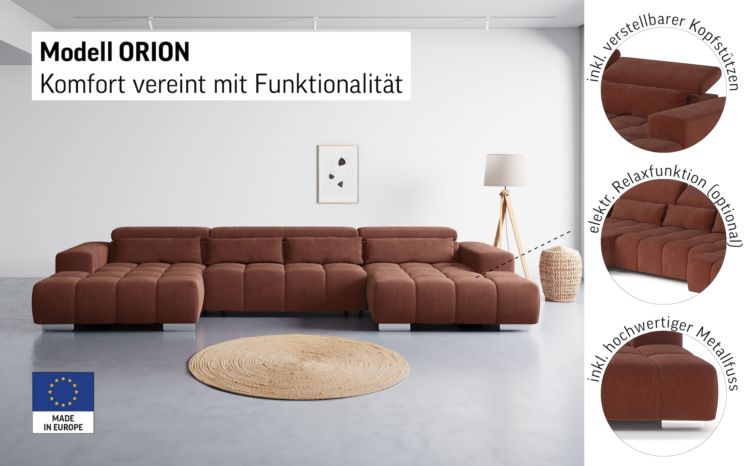 COTTA Wohnlandschaft »Orion U-Form, B: 400 cm« Kopfteilverstellung & 4 Kissen, optional elektr. Sitztiefenverstellung