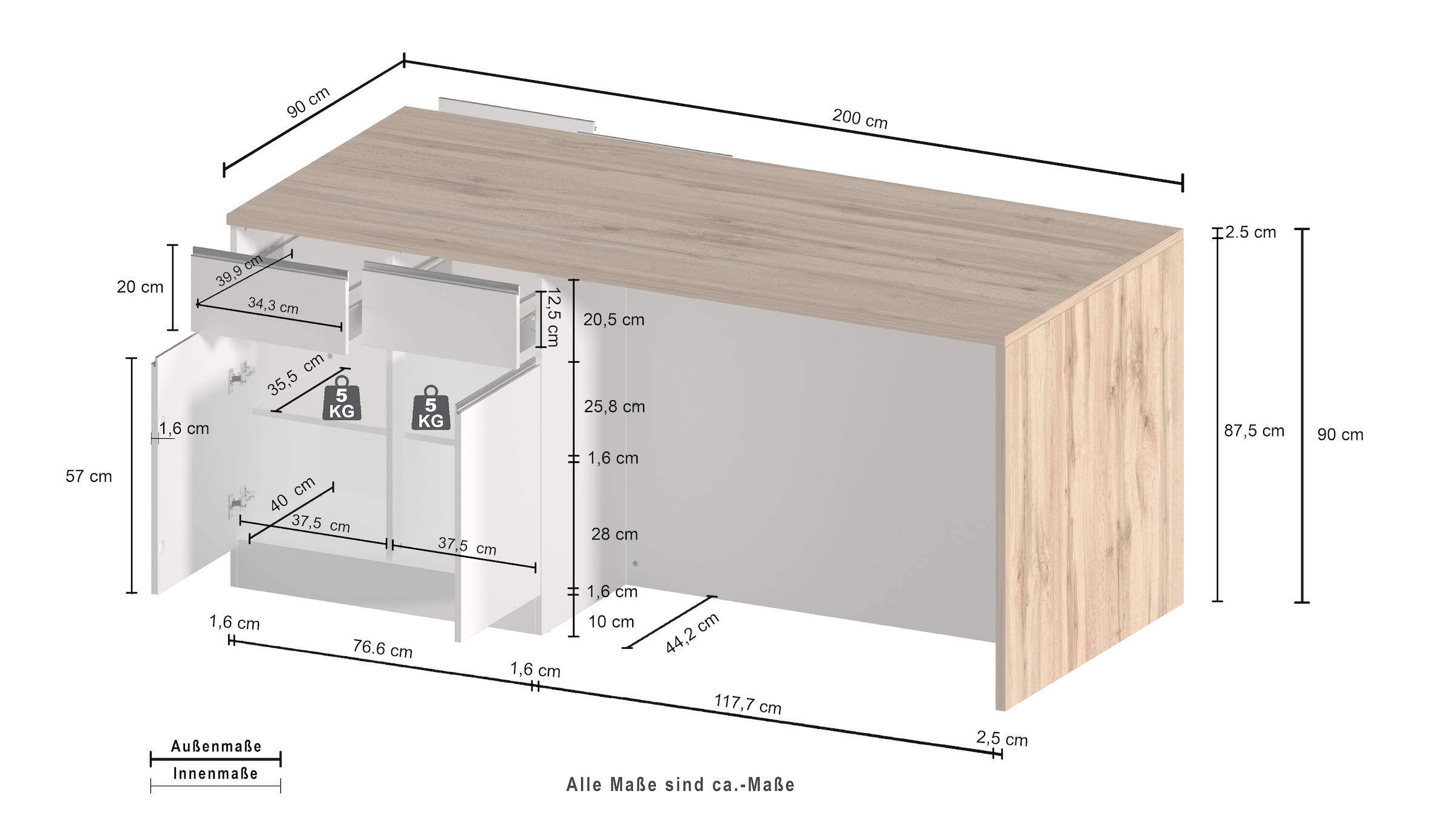 KOCHSTATION Ilot de cuisine »Sole,Kochinsel,Küchenarbeitsblock,Inselküche,Arbeitsinsel« Breite 200 cm mit 4 Türen,4 Schubkästen, Aluminiumgriff