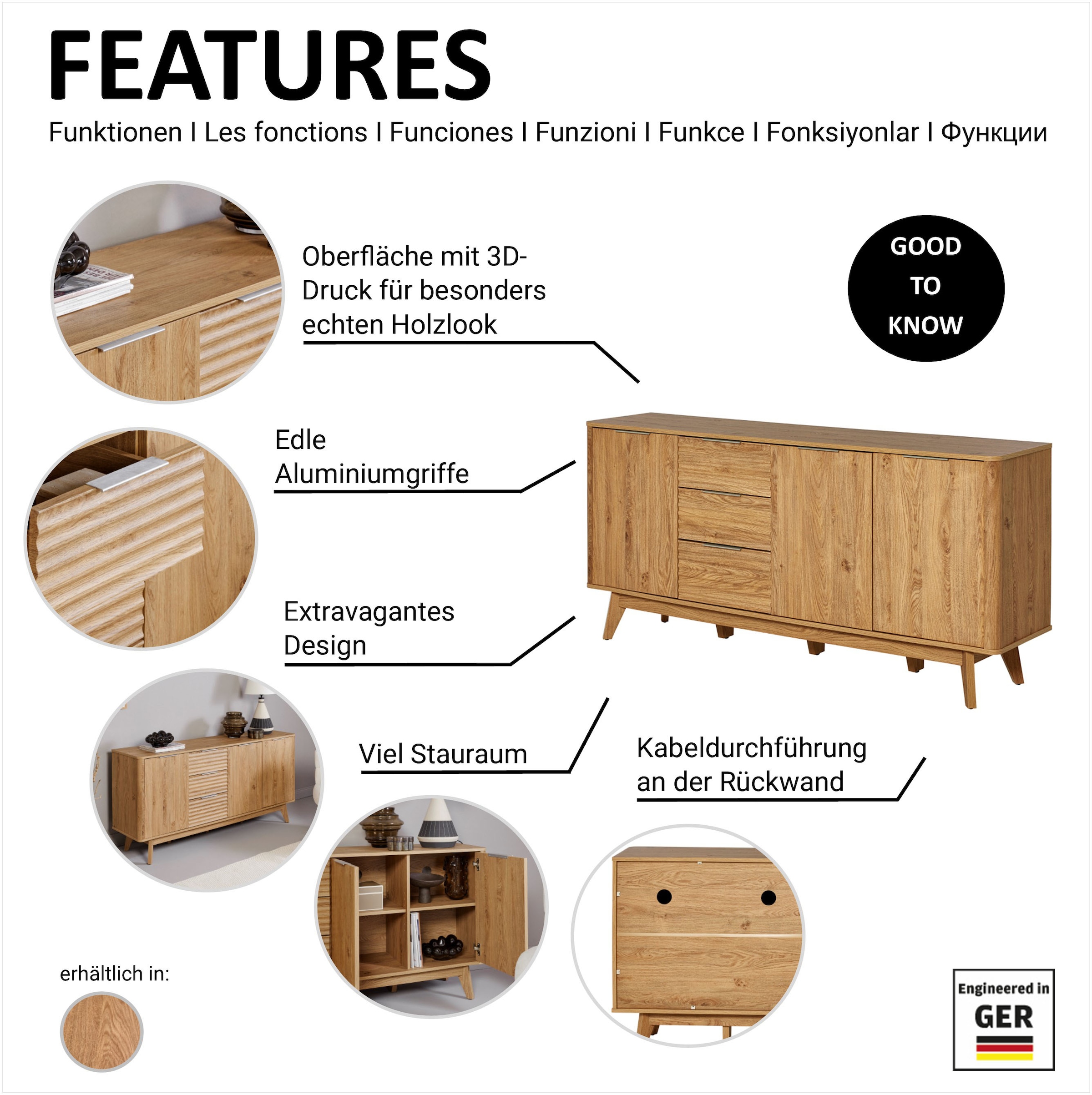 Jahnke Buffet »WAVE SB 170« 1 cuis tlg. Buffet, 3 tiroirs + 3 portes, design ondulé, largeur 169,5 cm