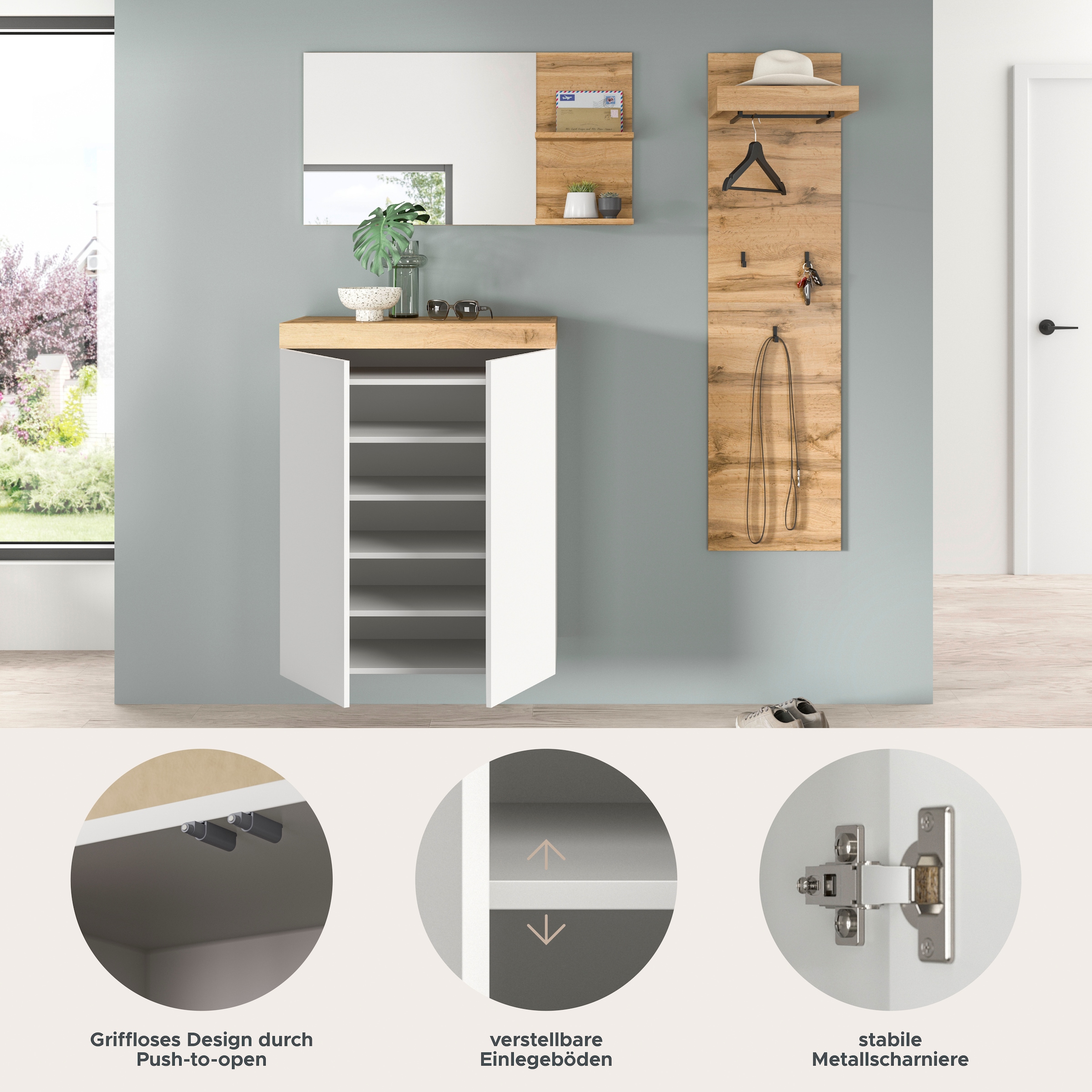 GOODproduct Ensemble de vestiaires »MAMBO, TOPSELLER!, 3-teilige Kombination, stehend & hängend montierbar« bestehend aus: Kommode, Spiegel, Garderobenpaneel, 3 cuis tlg.