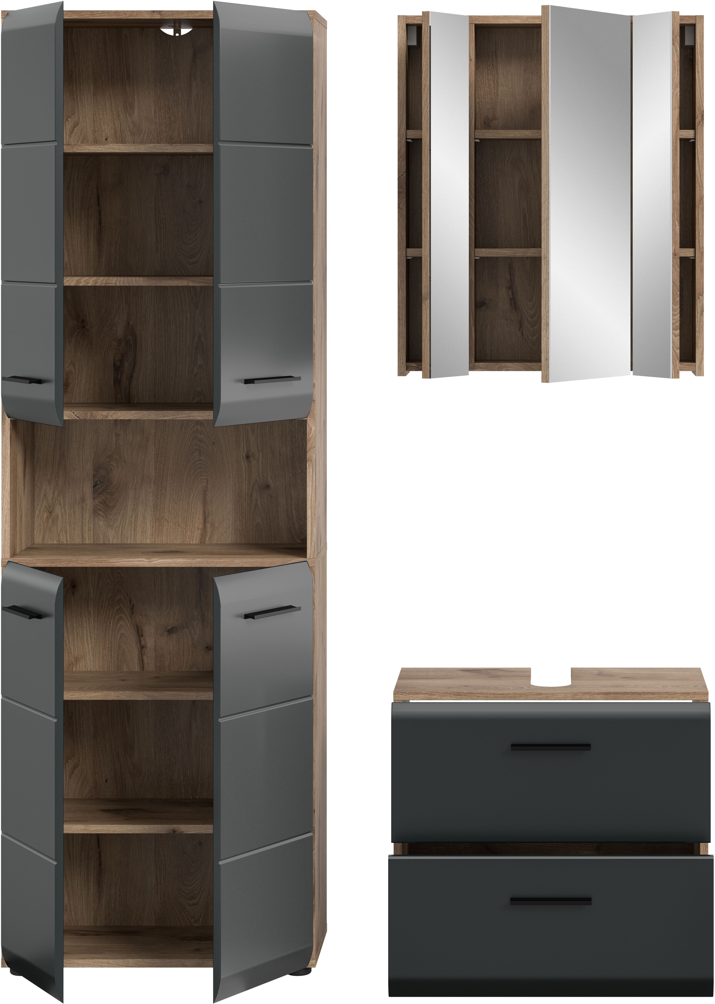 welltime Badmöbel-Set »FLORENZ, TOPSELLER!, 3-teilige Badkombination, hochwertige MDF-Front« Set, best. aus: 1 Hochschrank, 1 Waschbeckenunterschrank, 1 Spiegelschrank, 3 Stk. tlg.