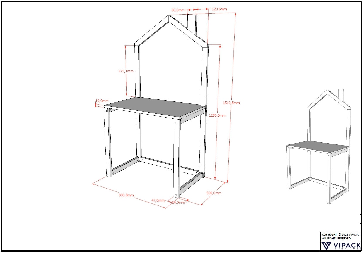 Vipack Bureau pour enfant »Dallas, Ausführung Kiefer massiv, stabil gebaut« L/H/P env. 100x150,6x50 cm, ouvert sur les côtés et à l’arrière,  aspect maison, grande surface de travail, idéal pour petits espaces, 2 couleurs