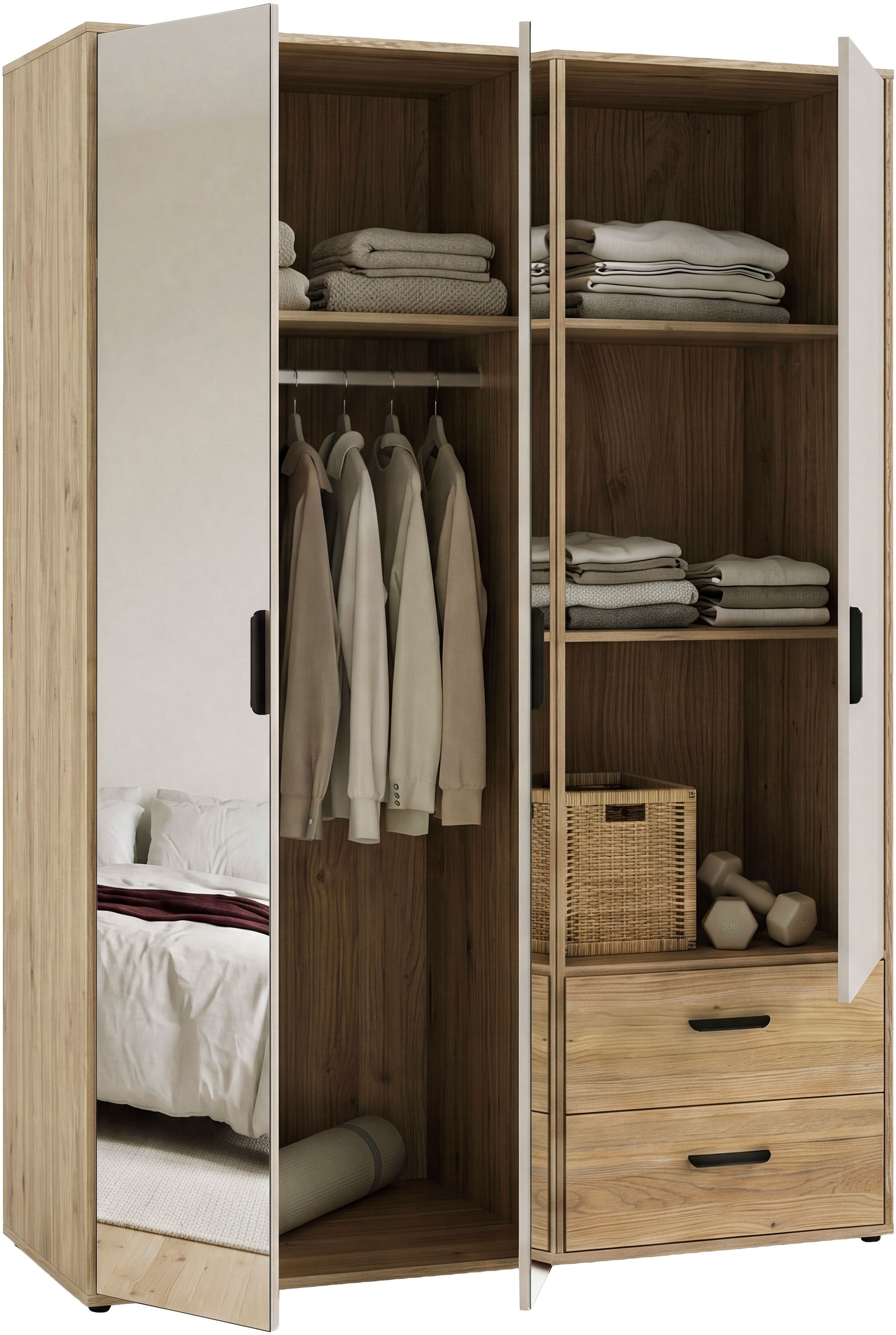 GOODproduct Kleiderschrank »AALOX, Spiegel, 3 Türen, 2 Schubladen, viel Stauraum, schwarze Griffe« Schrank ca. 140 bis 150 cm breit, schwarze Griffe, zeitloses Design