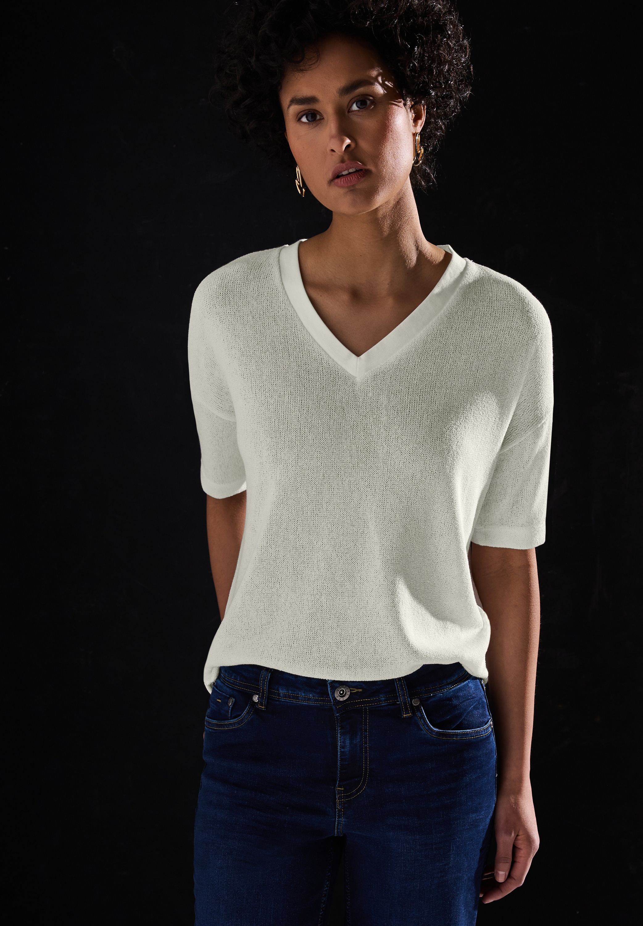 STREET ONE T-Shirt im Strick-Look mit V-Ausschnitt