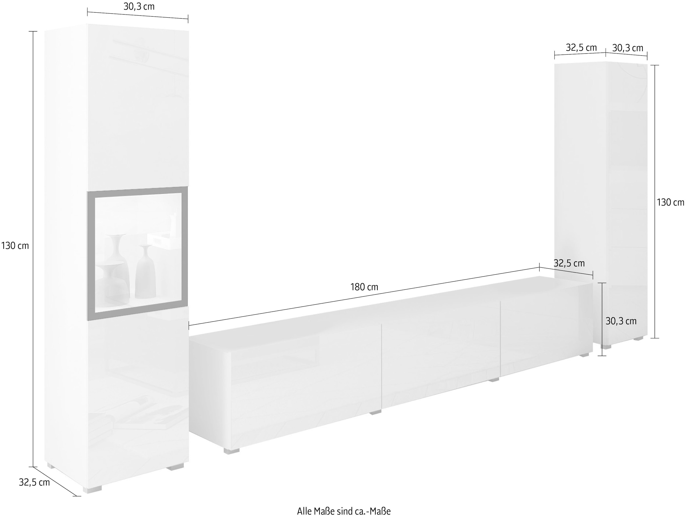 Home affaire Meuble mural »BERLIN III, Vitrine Türschlag links/rechts wechselbar« Ensemble complet, 3 cuis tlg.