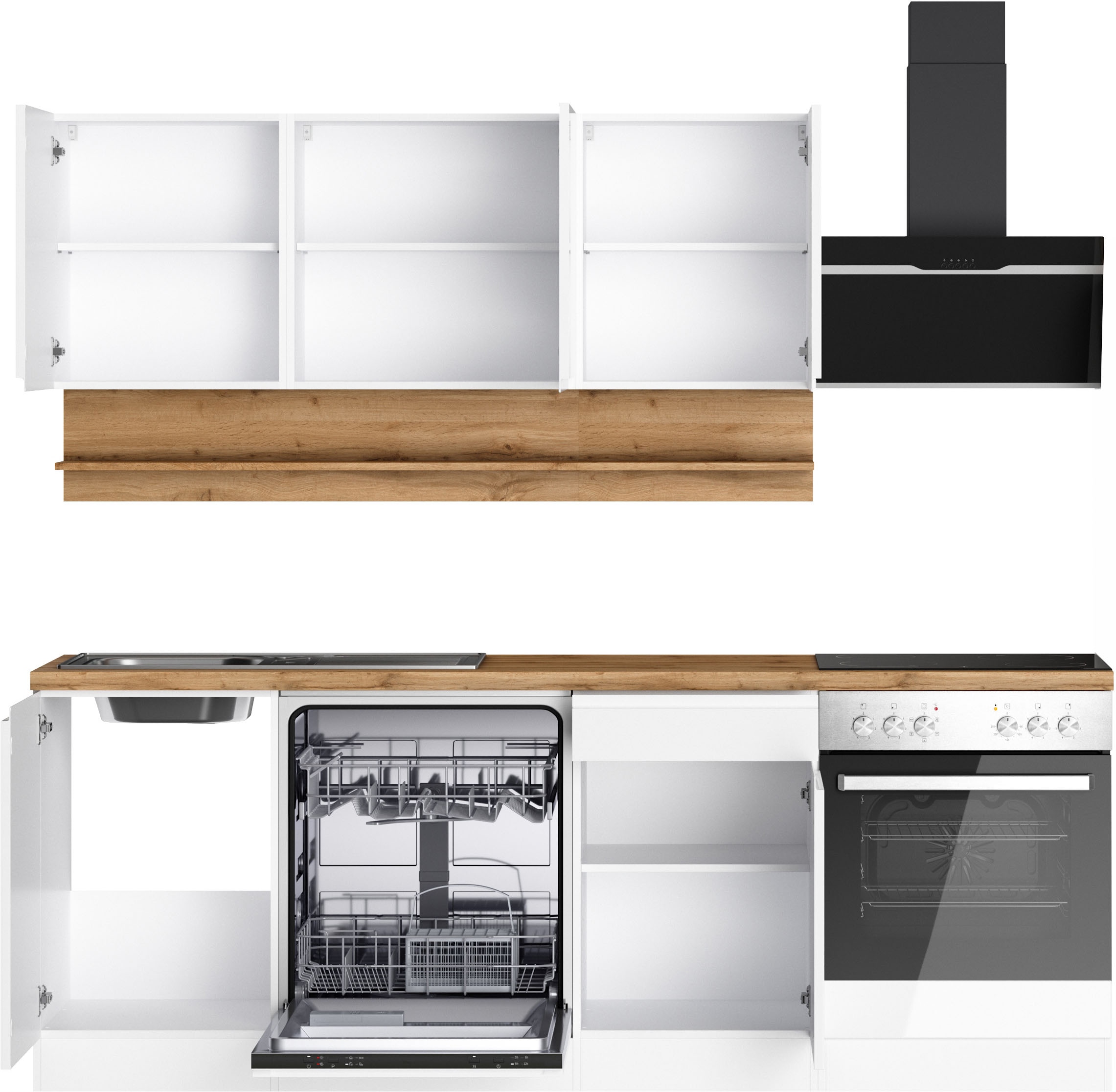 KOCHSTATION Kitchenette »KS-Virginia,neu in verbesserter Ausführung« plan de travail épaisseur 38 mm, rangement, fermeture douce,  largeur 220 cm, soft-close, avec appareils électroménagers en option