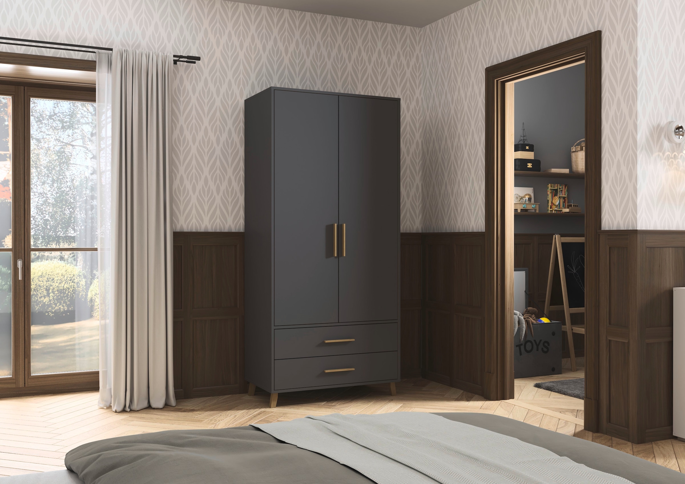 rauch 1100000002199 »Kleiderschrank Schrank Garderobe SHINJO Breiten 93/140/187 cm« in 3 verschiedenen Ausstattungen BASIC/CLASSIC/PREMIUM,  Griffe und Füsse aus Massivholz mit 2 Schubladen MADE IN GERMANY