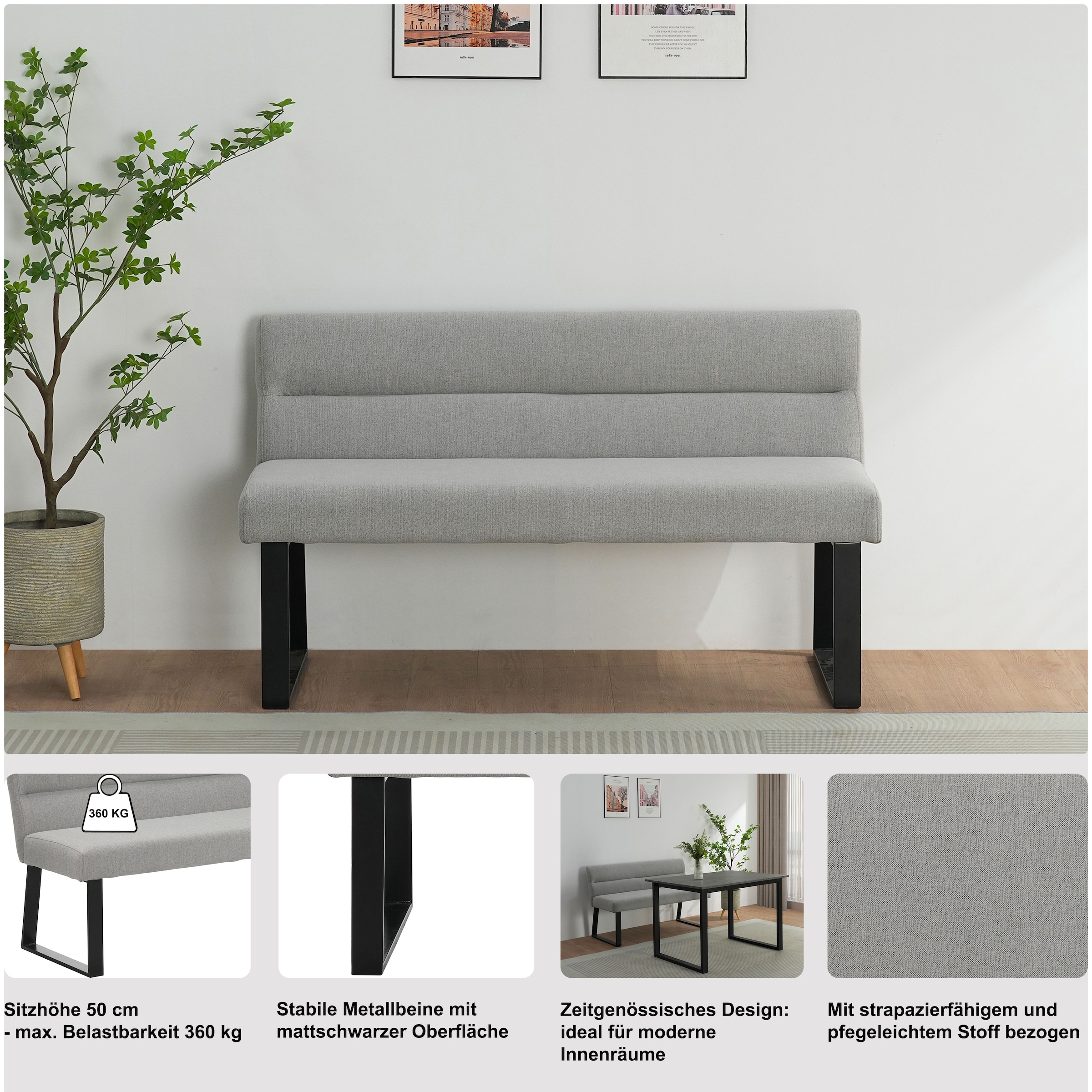 GOODproduct Banc de salle à manger »Ivanna« schwarze Metallbeine, pflegeleichtem Webstoff Bezug, Breite 140 cm