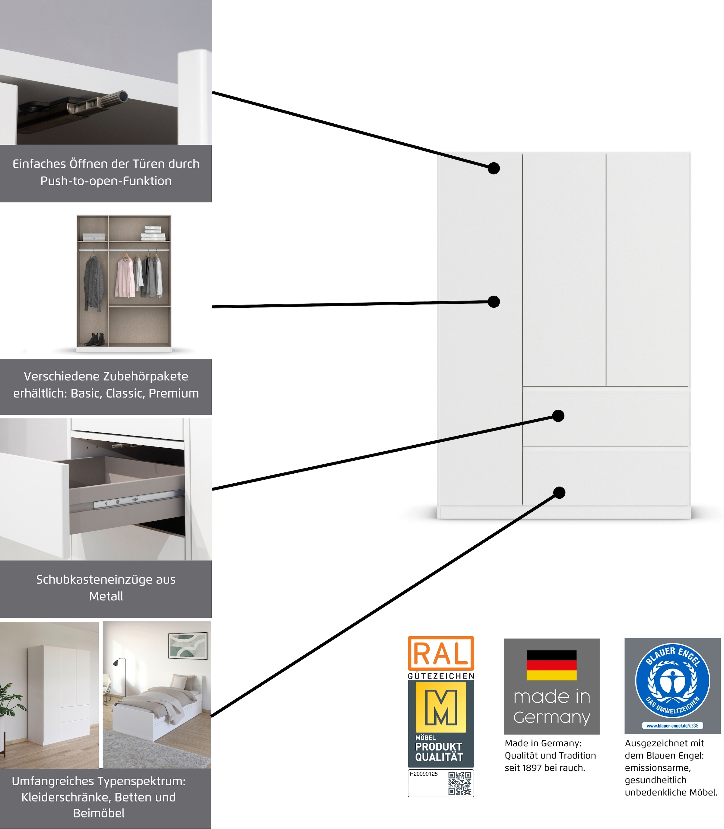 rauch 1100000002199 »Kleiderschrank Schrank Garderobe Wäscheschrank Schlafzimmer JOEL« in 3 verschiedenen Ausstattungen BASIC/CLASSIC/PREMIUM,  mit zwei Schubladen, mit Push-to-Open Funktion MADE IN GERMANY
