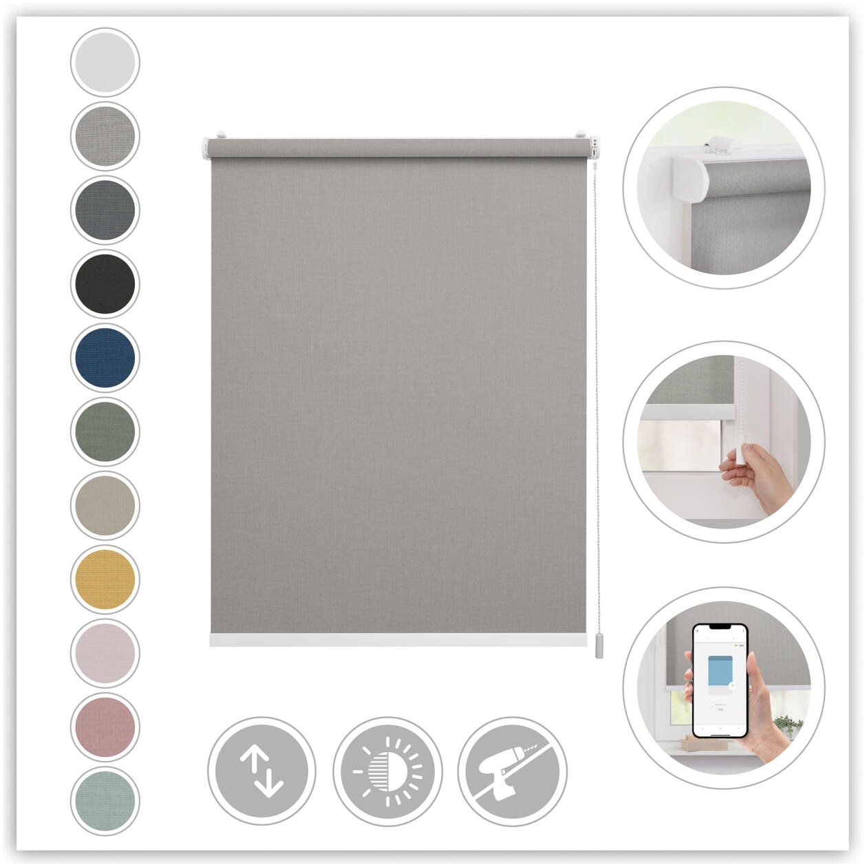 LICHTBLICK ORIGINAL Store à enrouleur »Klemmfix, ohne Bohren« blickdicht mit Bohren/ohne Bohren freihängend Steuerbar mit Bluetooth-App, integrierter Elektromotor und Akku