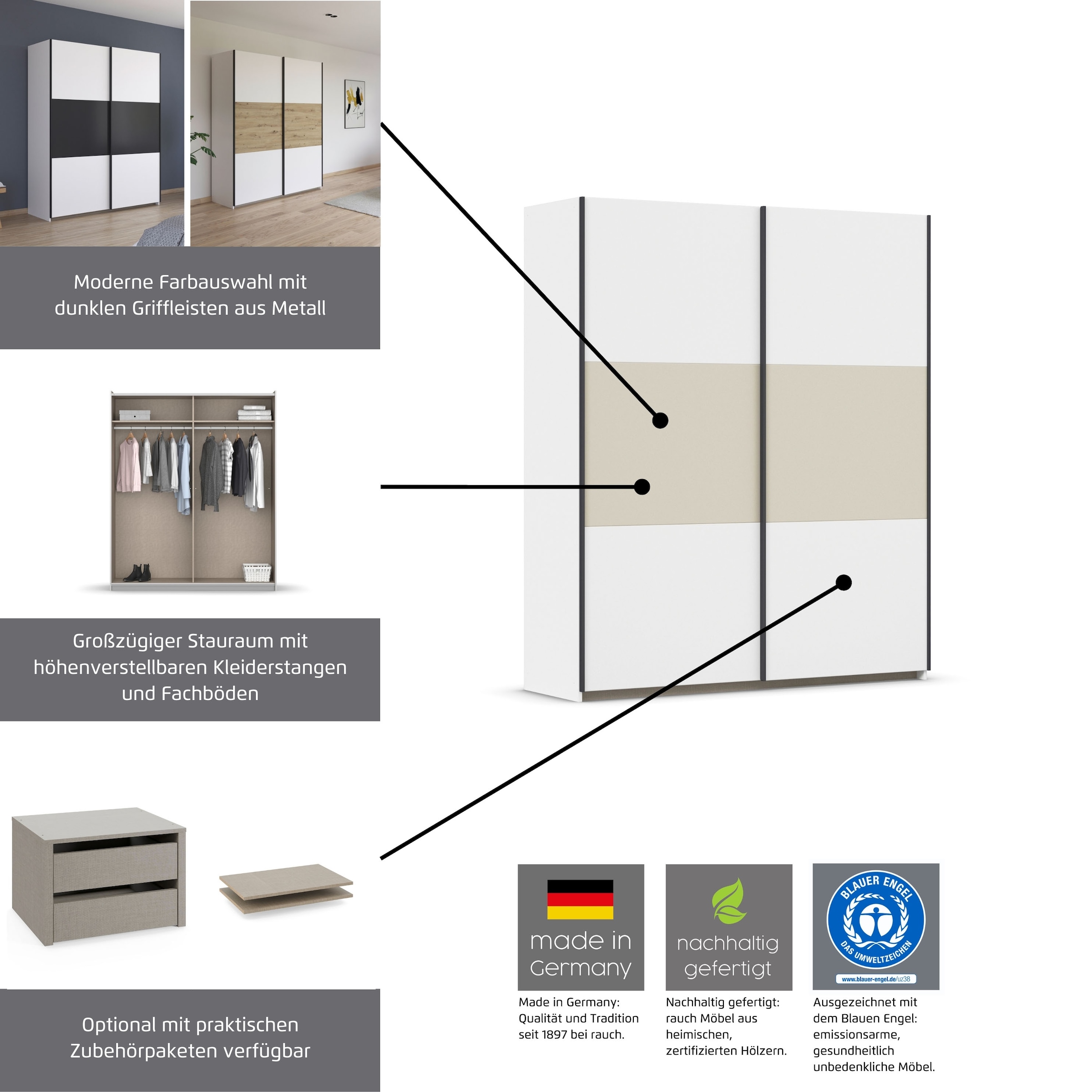 rauch Schwebetürenschrank »Kleiderschrank Schrank Garderobe Garderobenschrank Wäscheschrank NEO« 3 verschiedene Ausstattungen BASIC/CLASSIC/PREMIUM (inkl. SOFT-CLOSE),  mit grosszügigem Stauraum und vielfältigen Farbkombinationen