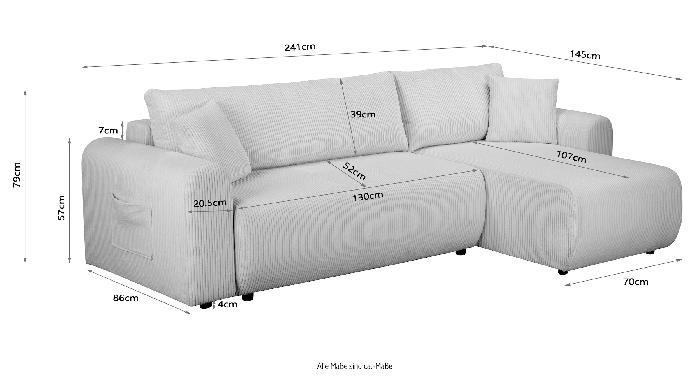 GOODproduct Ecksofa »JONAA L-Form, 241cm - OTTO. Verlässliche Qualität.« 133/200cm, Recamiere links/rechts, Bettkasten, Cord u. Struktur