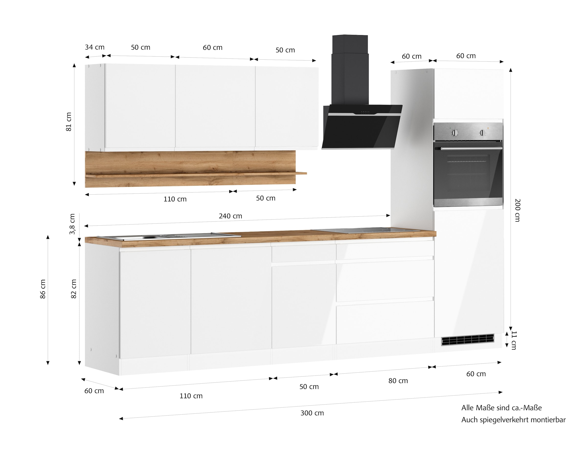 KOCHSTATION Kitchenette »KS-Virginia,neu in verbesserter Ausführung« plan de travail épaisseur 38 mm, rangement, fermeture douce,  largeur 300 cm, fermeture douce, avec appareils électriques en option