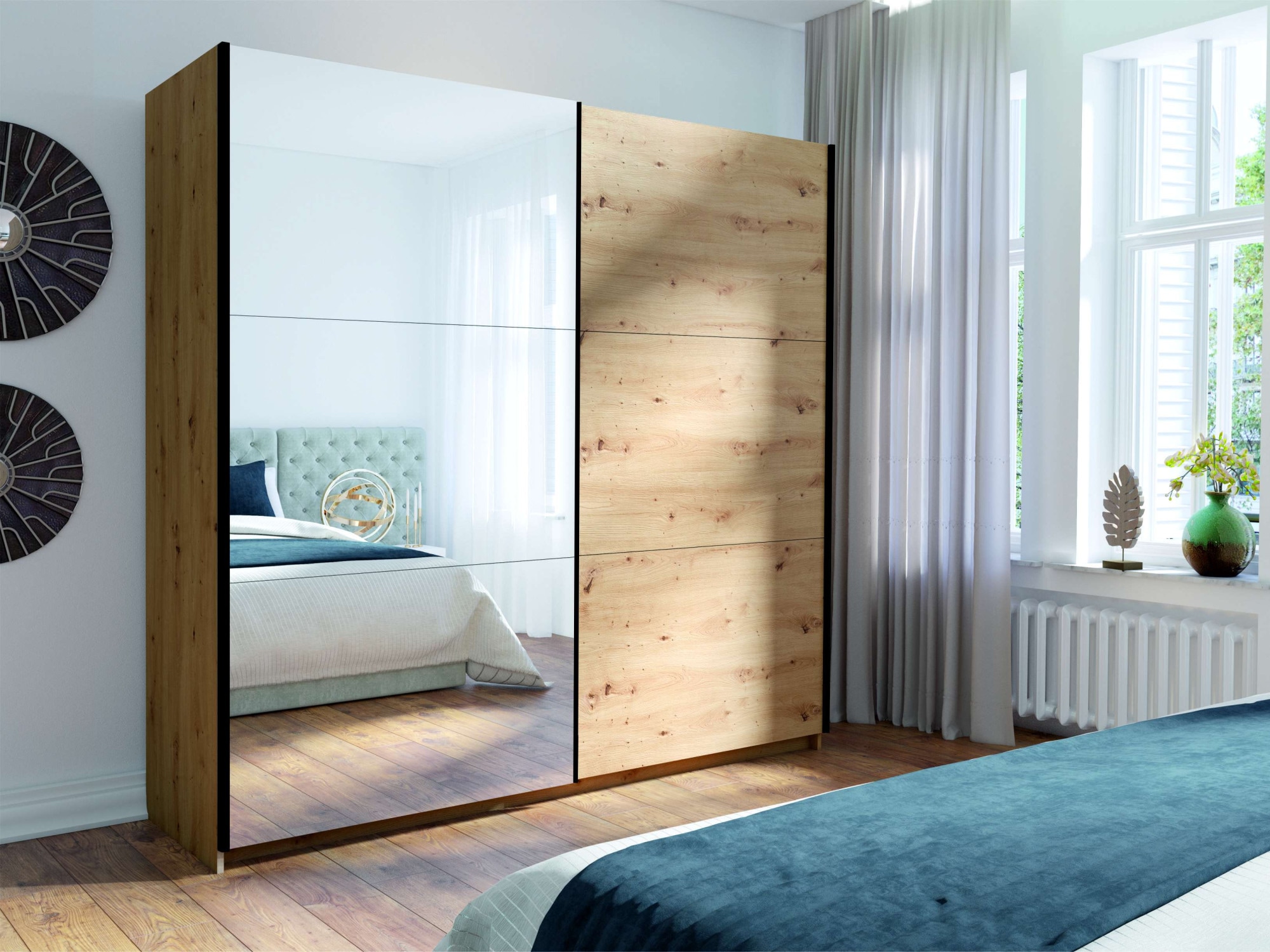 Home affaire Schwebetürenschrank »Kleiderschrank Fresno mit 5 Einlegeböden, Spiegel und Kleiderstange« Garderobe mit 2 Schwebetüren, B/H/T 150/207/62 cm