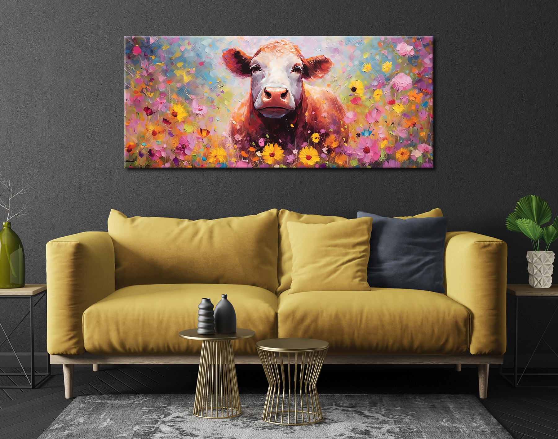 Bönninghoff Leinwandbild »Wandbild BUNTE KUH 60x140 cm – Leinwandbild Keilrahmen Deko modern« Blumen | Kuh | Kühe 1 Stk. tlg. auf Keilrahmen gespannt