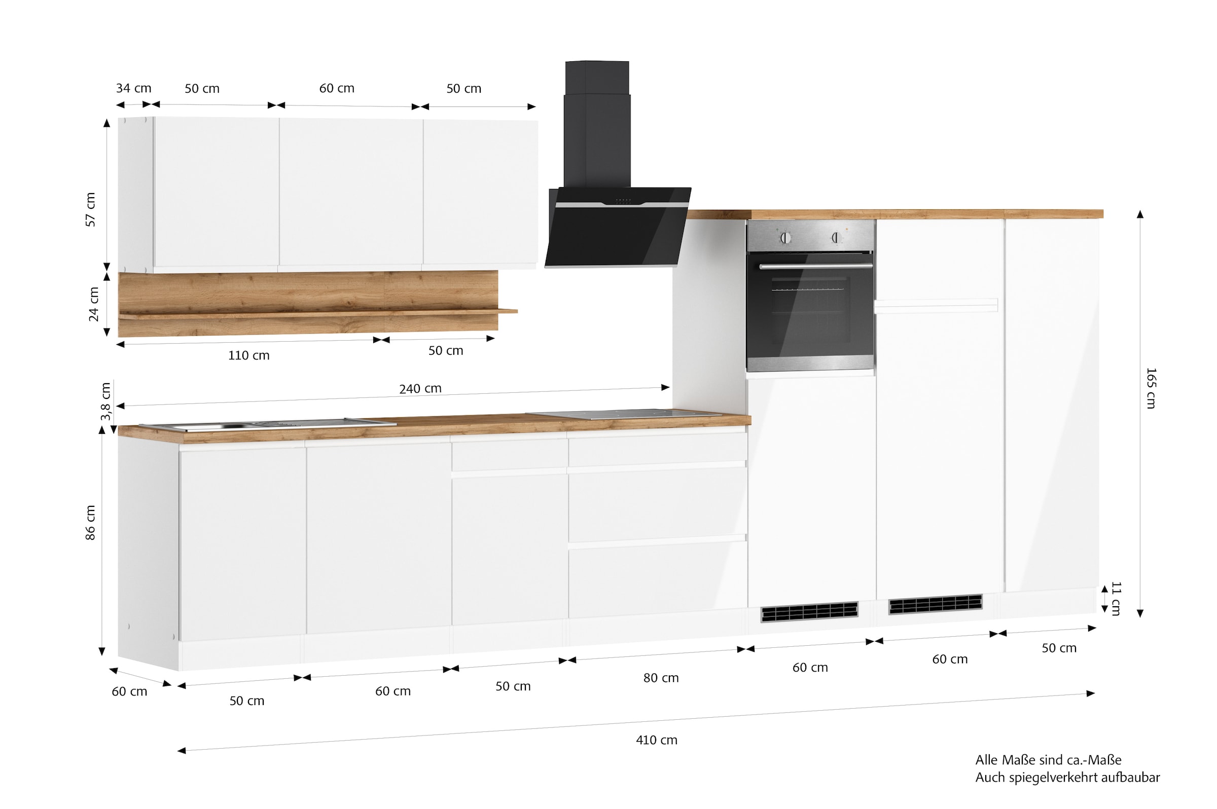 KOCHSTATION Küchenzeile »KS-Virginia,neu in verbesserter Ausführung« Arbeitsplatte 38 mm stark, Stauraum, Softclose,  Breite 410 cm, Softclose, wahlweise mit E-Geräten und Induktion