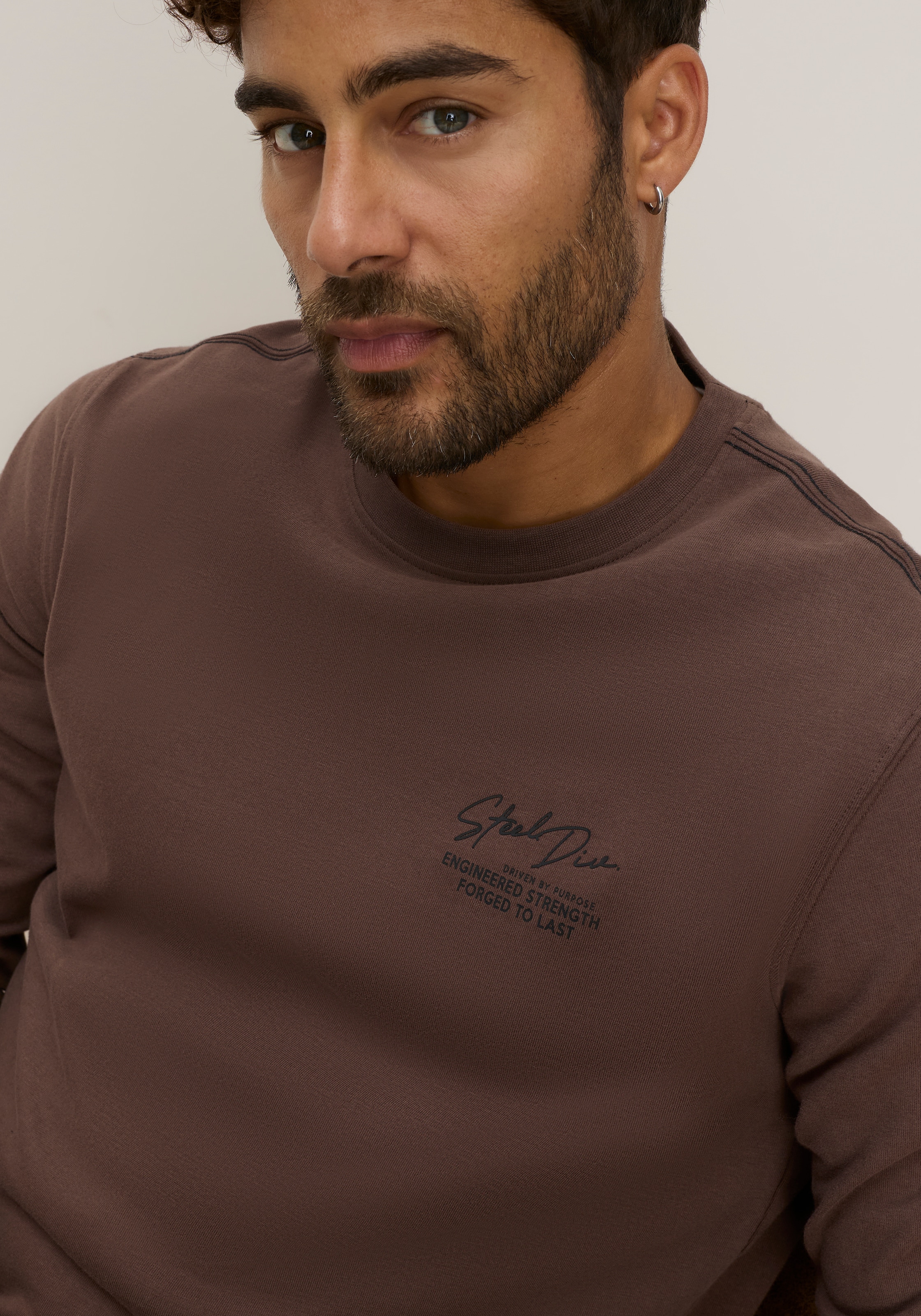 Man's World Shirt à col rond coupe étroite, manches longues, uni, avec impression et broderie