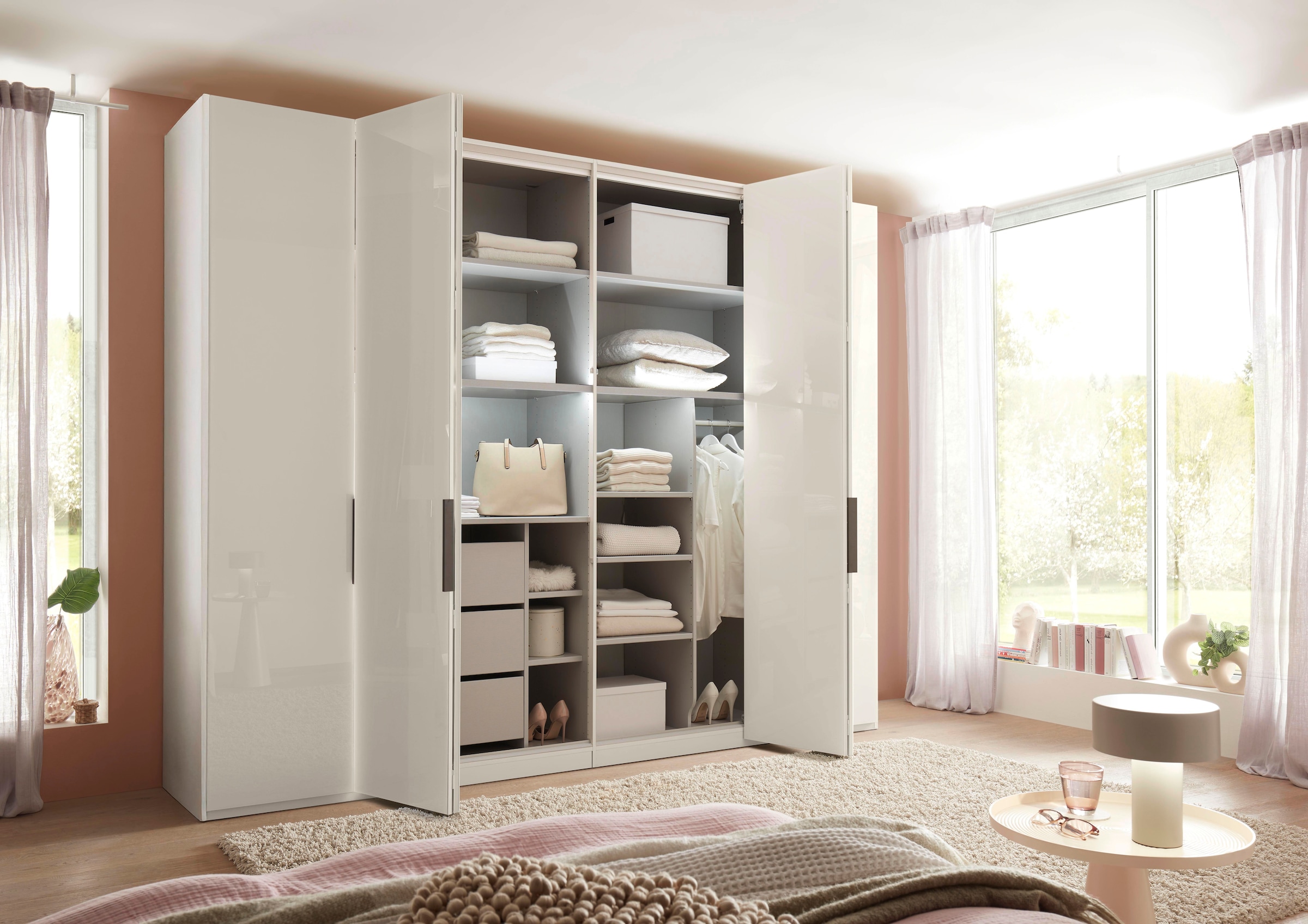 WIEMANN Armoire à portes pliantes »Ohio, Kleiderschrank, Schrank, Garderobe, mit Glasfront, 300 cm« inklusive Einlegeböden & Kleiderstangen, 2 Höhen, MADE IN GERMANY,  inklusive Türdämpfung, hochwertige Glasfront