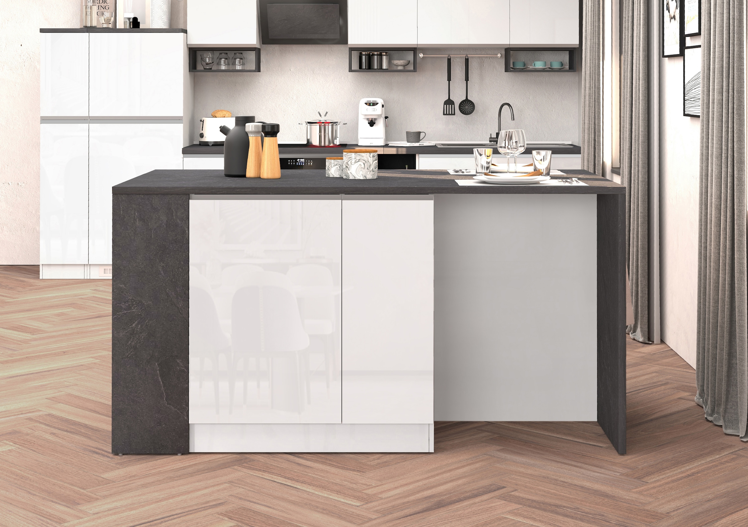 KOCHSTATION Ilot de cuisine »KS-Sole, Kochinsel, Küchenarbeitsblock, Arbeitsinsel, Made in Italy« Breite 167,5 cm, 2 Apothekerauszüge, 2 Essplätze, 1 offenes Regal