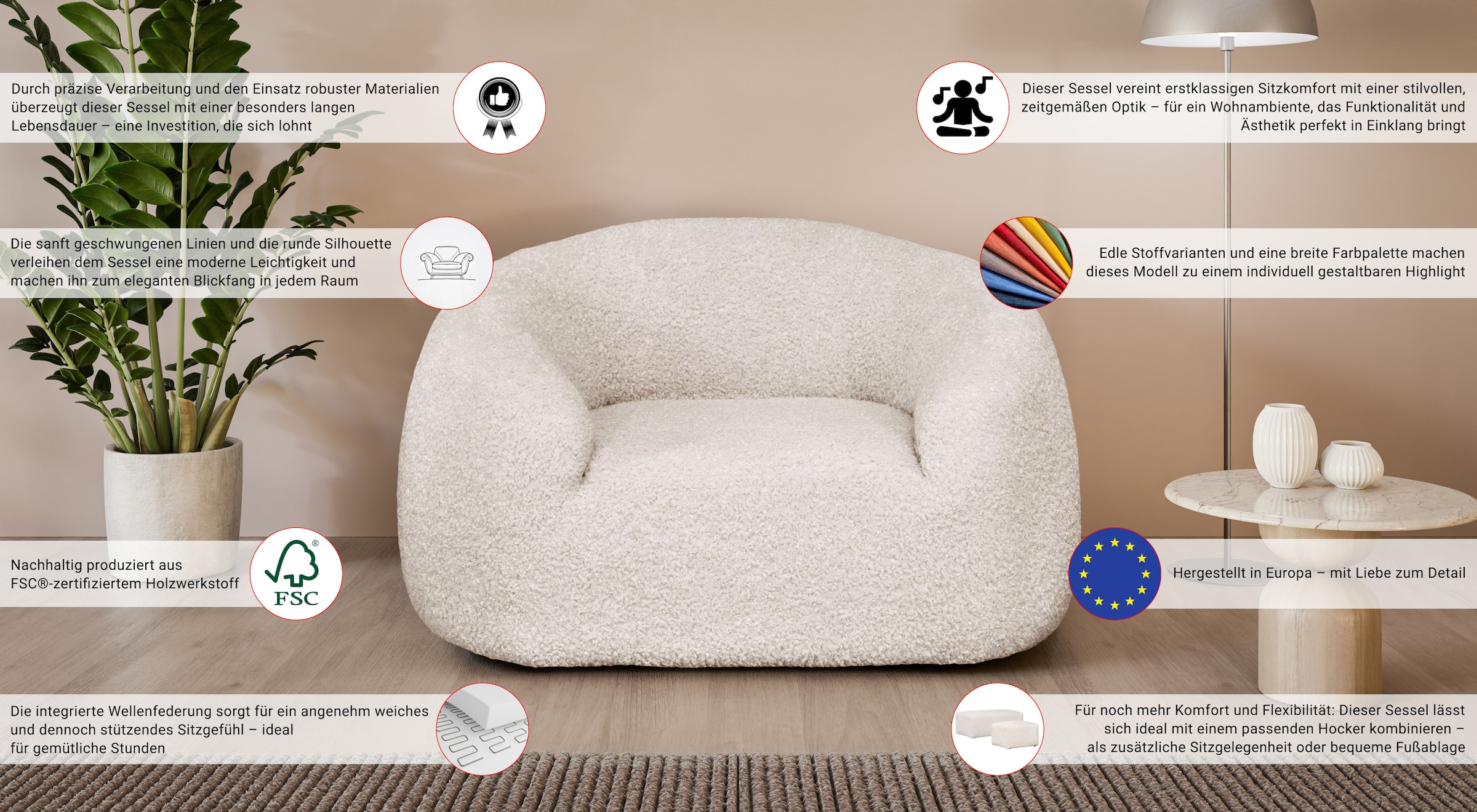 LeGer Home by Lena Gercke Sessel »YANI Relaxsessel, Loungesessel, Masse B/T/H: 127/96/76 cm« organische Form, mit Wellenunterfederung, auch in Bouclé