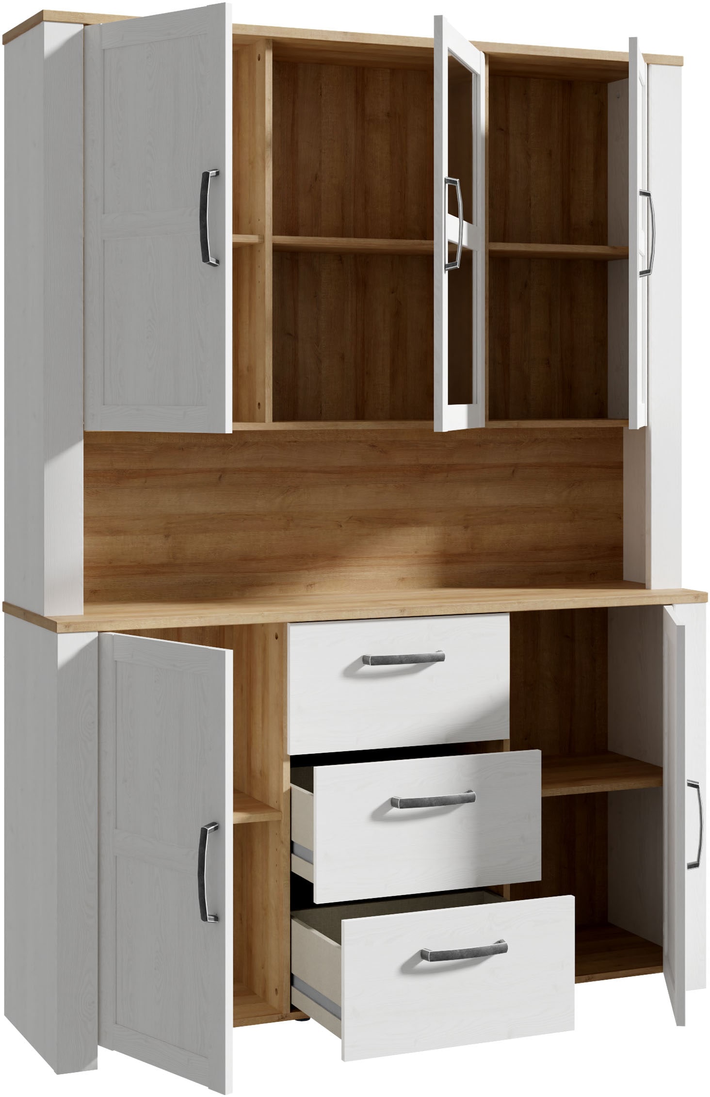 FORTE Buffet »Bohol, grosses Highboard,4Türen, 1 Glastüre, 3 Schubkästen« B/H/T 146,1/205,4/42 cm, sehr viel Stauraum