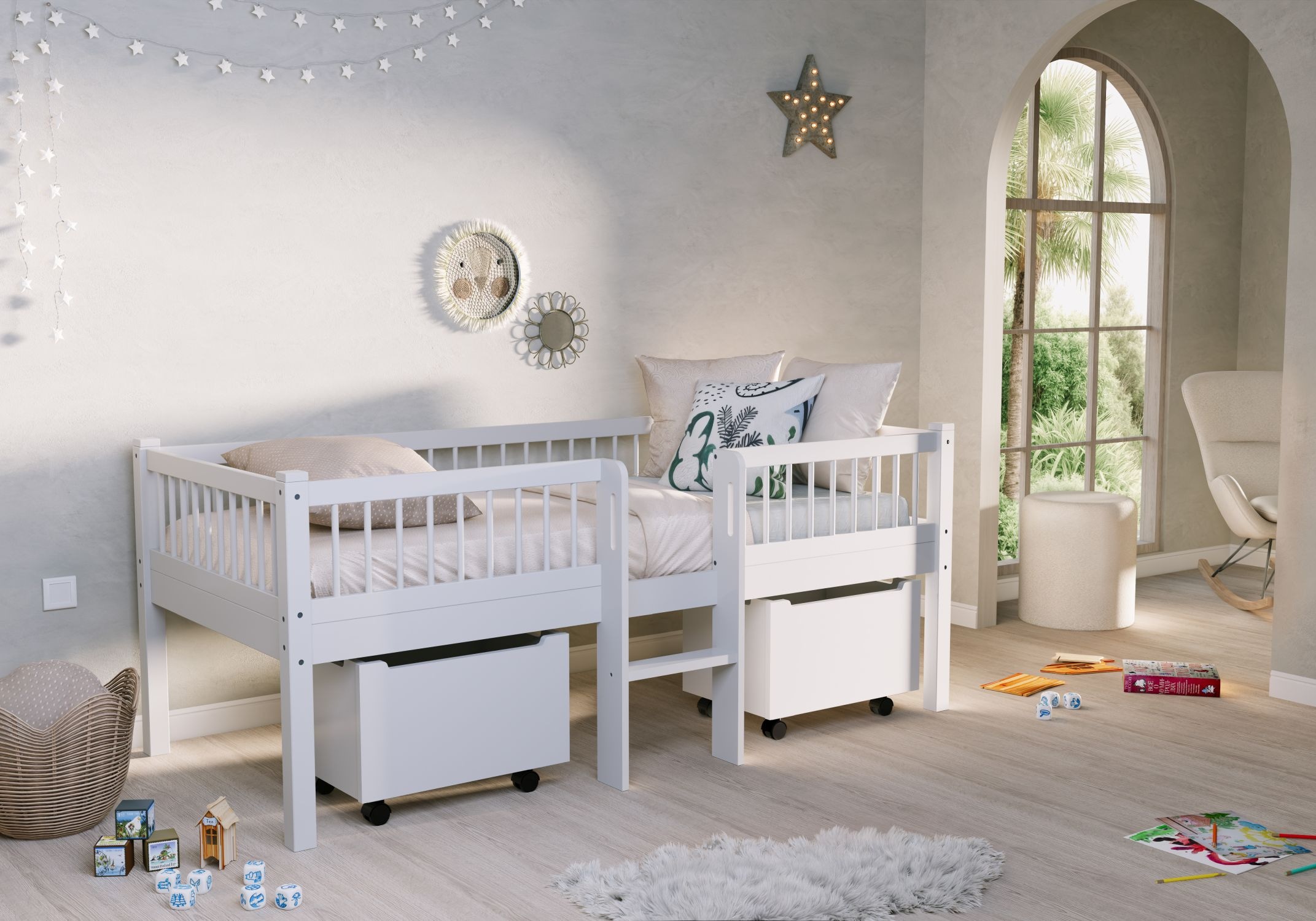 Vipack Lit en bois massif »Forrest Made in Europe, stabil und hochwertig gebaut, mit 2 Rollboxen« 90/200 cm, avec sommier à lattes et échelle, montage inversé possible,  incl. protection anti-chute périphérique en design barreaux, hêtre laqué blanc