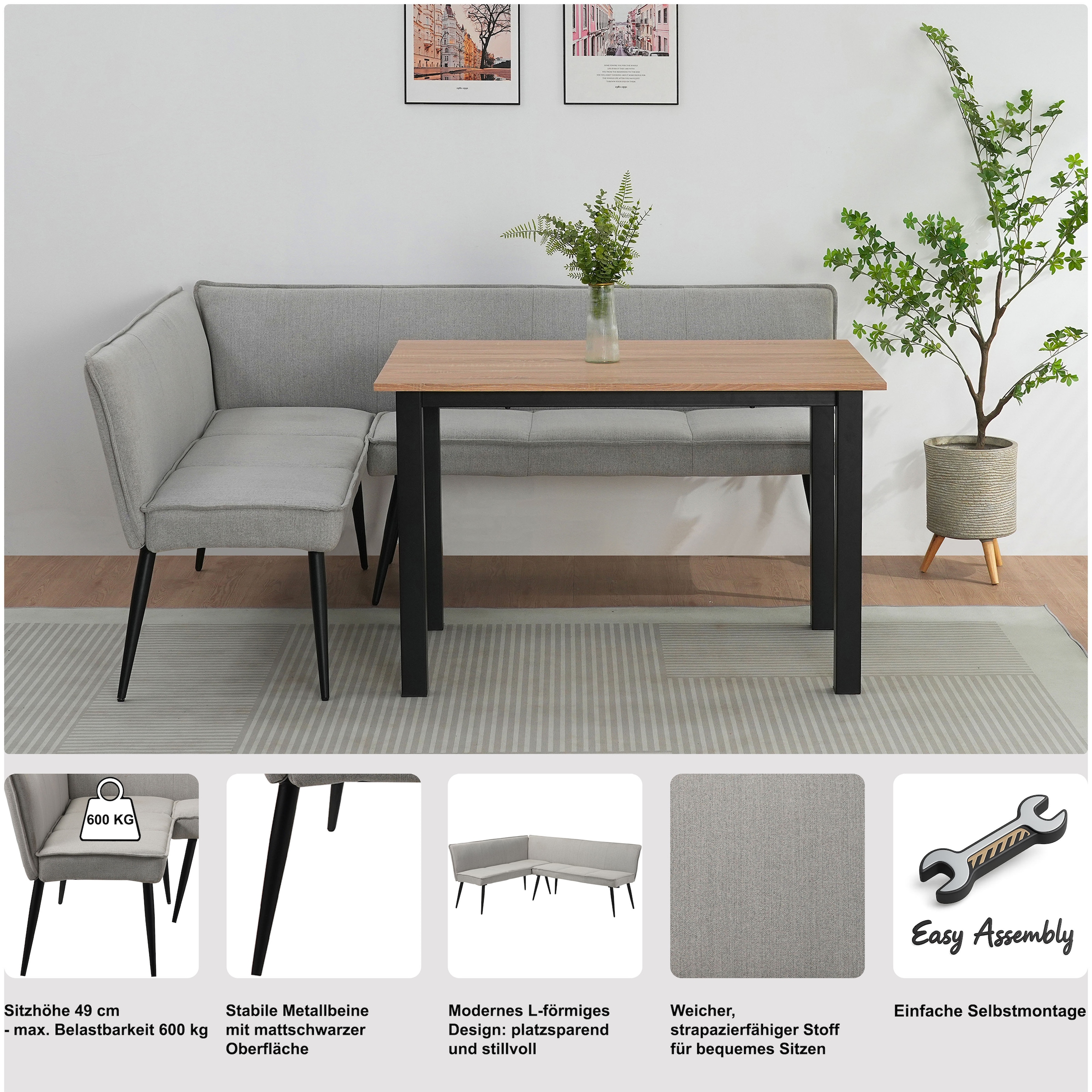 GOODproduct Banc de salle à manger »Ianna« schwarze Metallbeine, pflegeleichtem Webstoff Bezug, Breite 193 cm