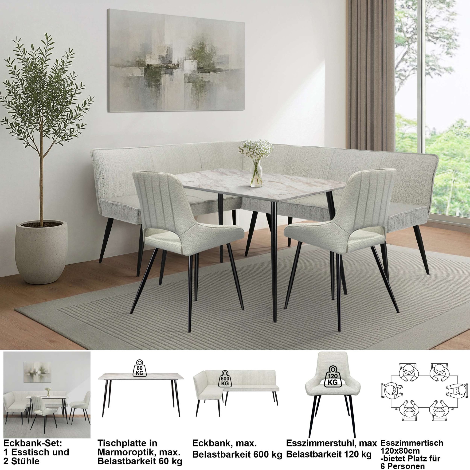 GOODproduct Ensemble de bancs d'angle »Danny/Ianna/Derrek« Ensemble, Groupe banquette d’angle avec table, banquette, chaises, 4 tlg. groupe de sièges, banquette d'angle et chaises confortablement rembourrés, table 120x80 cm