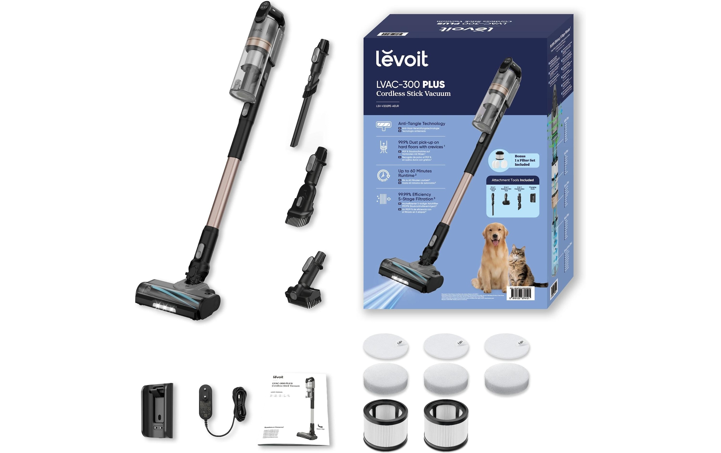 Levoit Aspirateur à main et à manche sans fil »LVAC-300 Plus« 99,99% HEPA-Filtration, Anti-Tangle, LED-Display, bis zu 60 Minuten