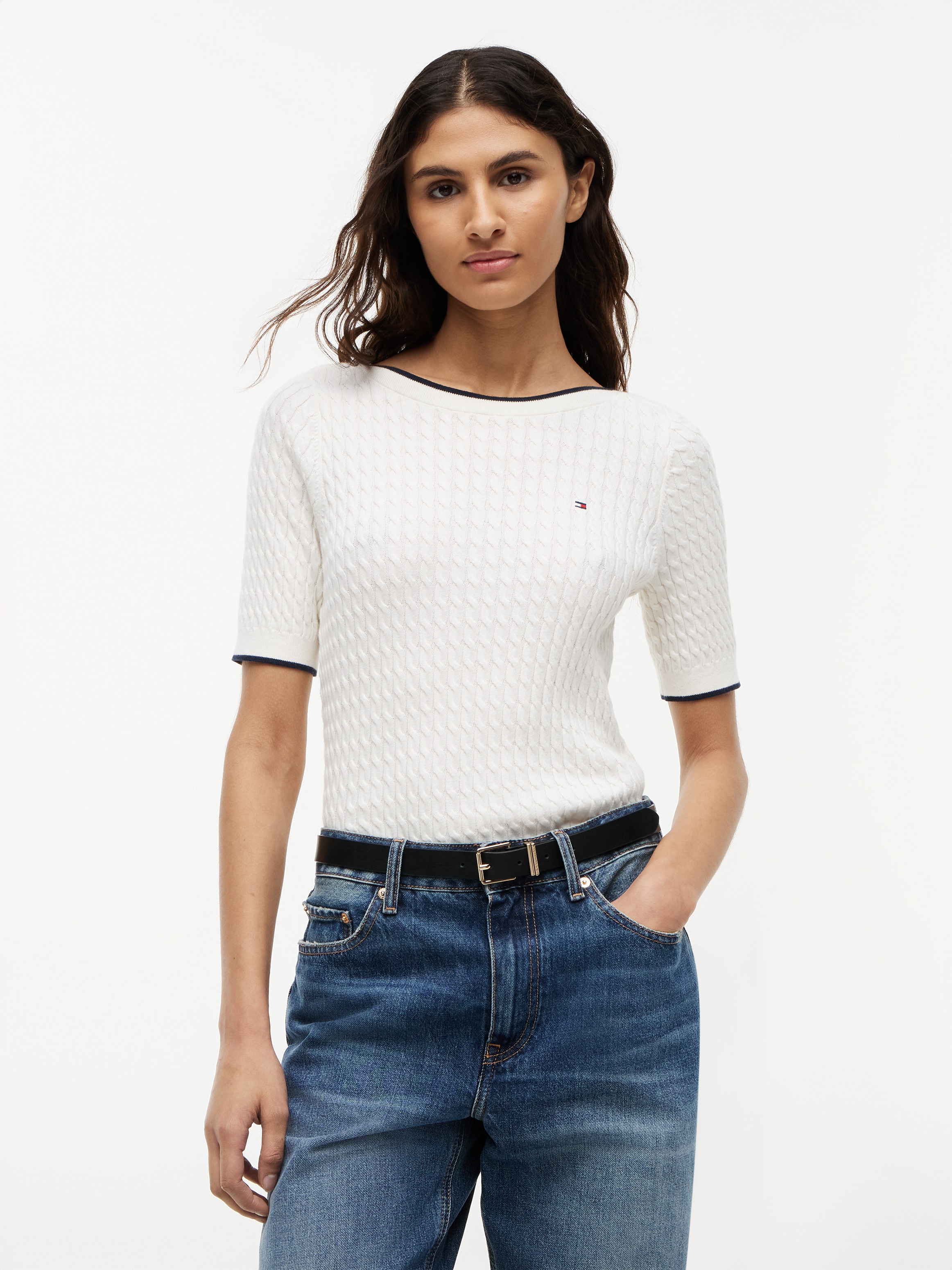 Tommy Hilfiger Pull à manches courtes »FINE GG CABLE BOAT NK S/S« Baumwolle, mit Zopfstrickmuster