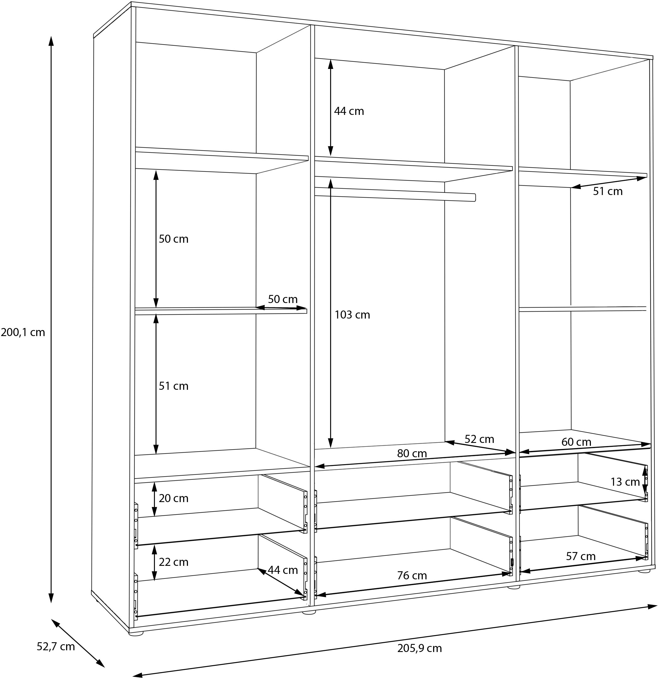 FORTE Drehtürenschrank »Schrank mit Spiegel, zeitloses Design, 4türig« viel Stauraum, Schubladen, Spiegeltürenm Höhe 200 cm