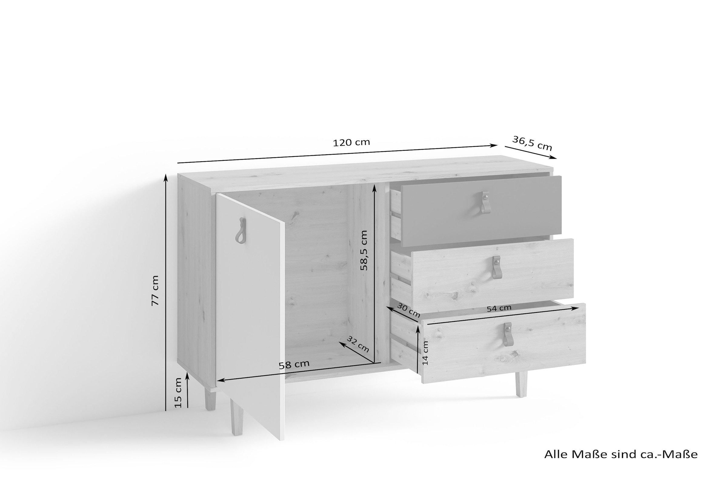 INOSIGN Sideboard »Bill, Kommode in 120cm und 180cm Breite, mit Massivholzfüssen,« verstellbaren Einlegeböden und Schubkästen für viel Stauraum