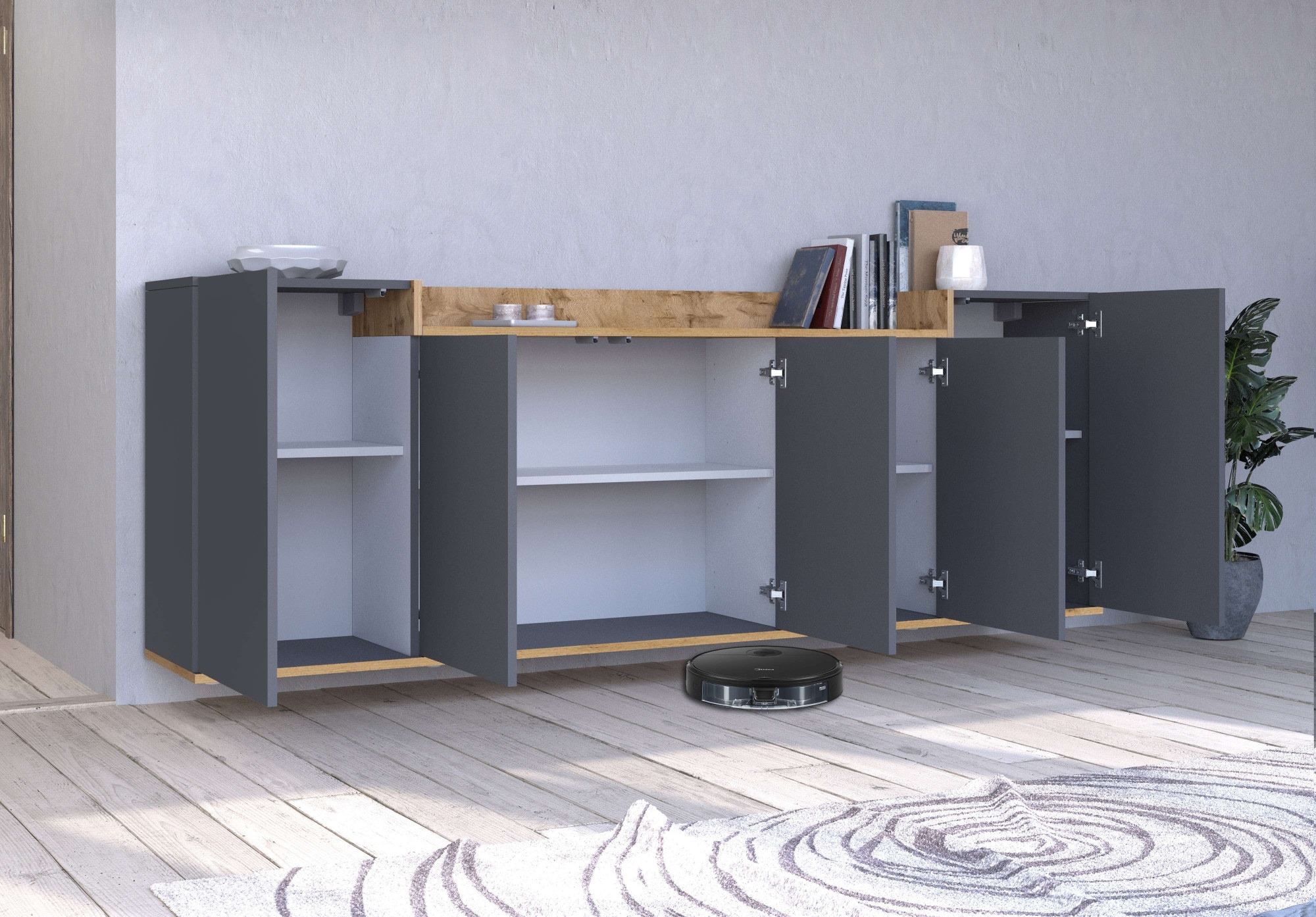 GOODproduct Sideboard »BOLSENA, Kommode, Schrank,Lowboard mit 8 Fächer und offenes Ablagefach« 1 Stk. tlg. stehend/hängend montierbar, Made in Italy, B/T/H: 200 × 35 × 71,2 cm