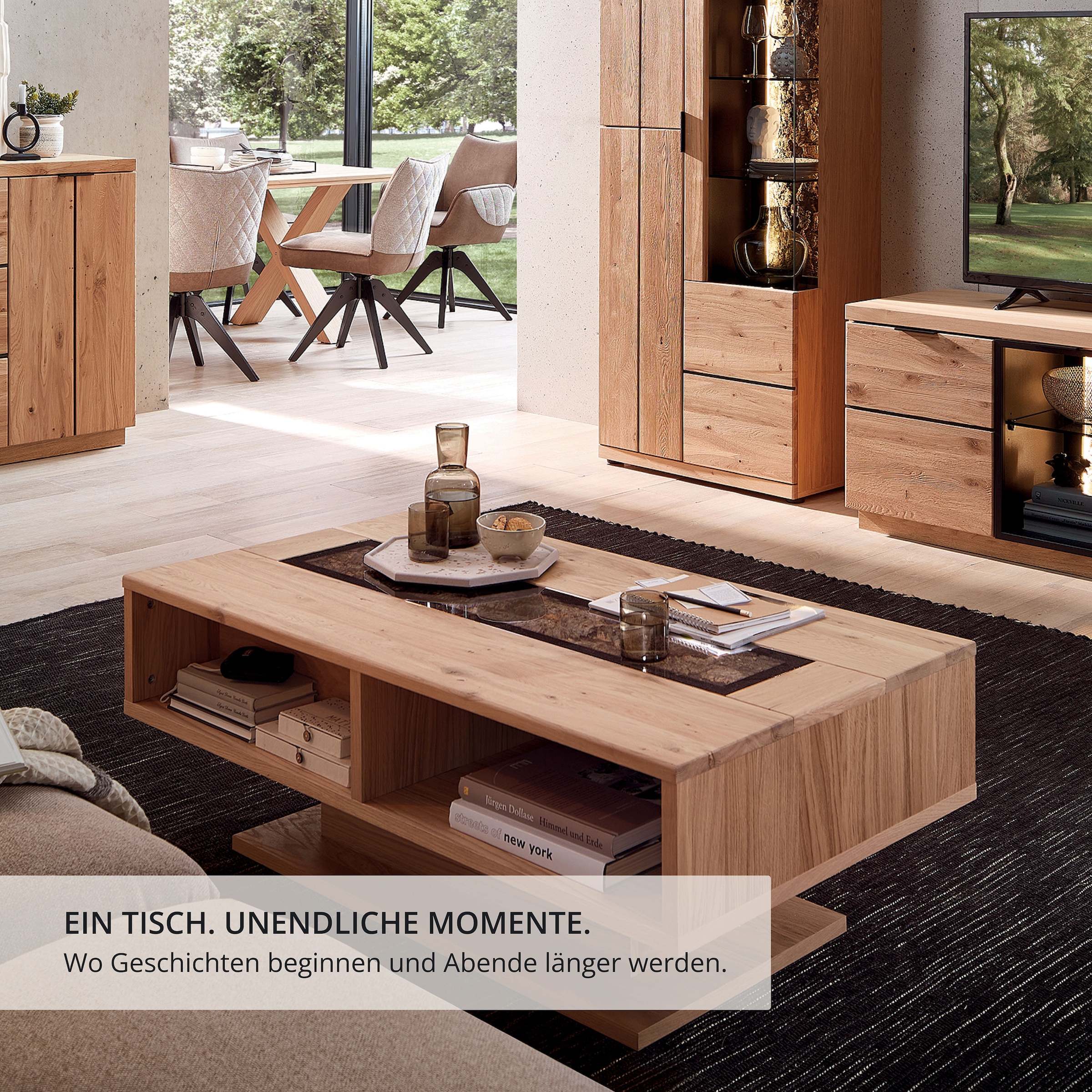 Wohnconcept Table basse »Donna Couchtisch, 115x43x65 (BxHxT)« 1 cuis tlg. Massivholz, Absetzung Echtkork gerundet, 4 offene Fächer