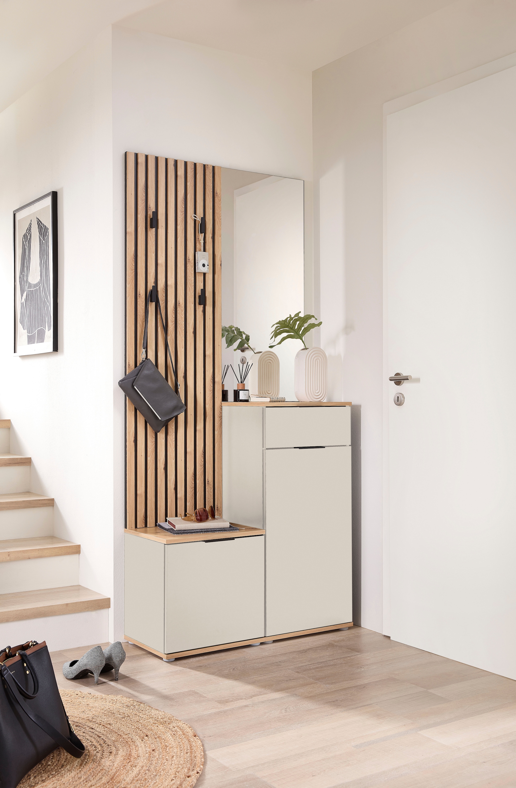 HBZ Vestiaire compact »Simple mit Spiegel, Flurgarderobe BxHxT 88x195x35 cm« 4 cuis tlg. avec banc, panneau, meuble à chaussures avec tiroir et miroir